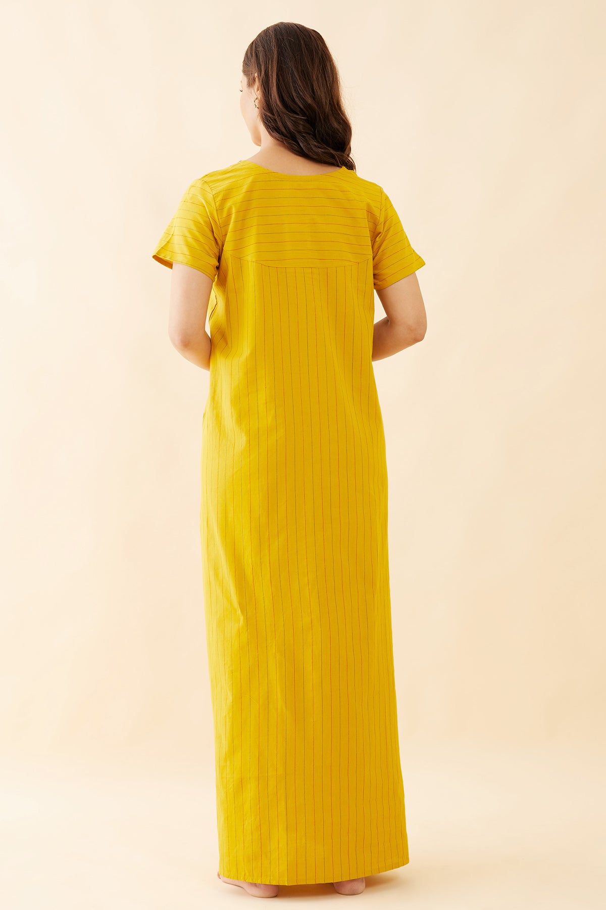 Allover Striped With Floral Embroidered Nighty - Yellow