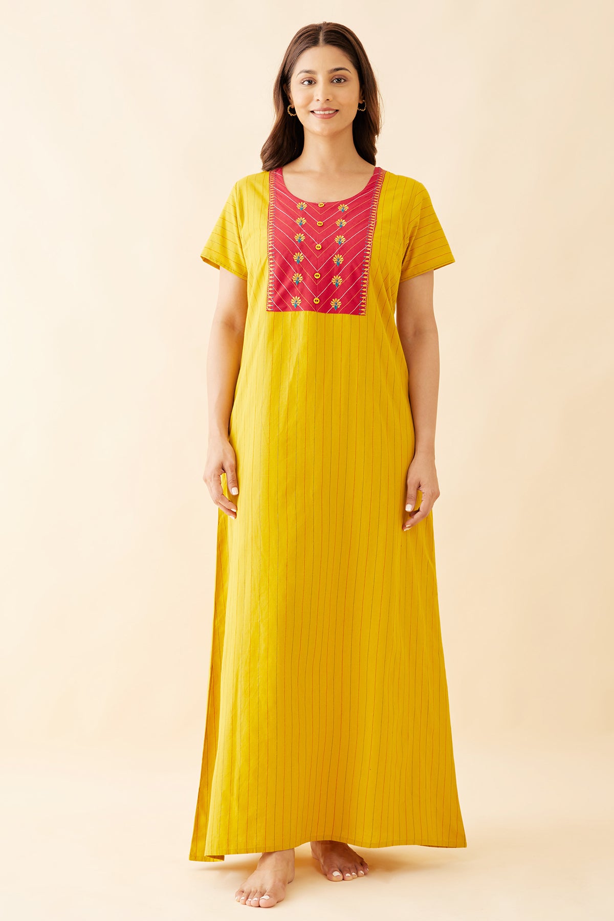 Allover Striped With Floral Embroidered Nighty - Yellow