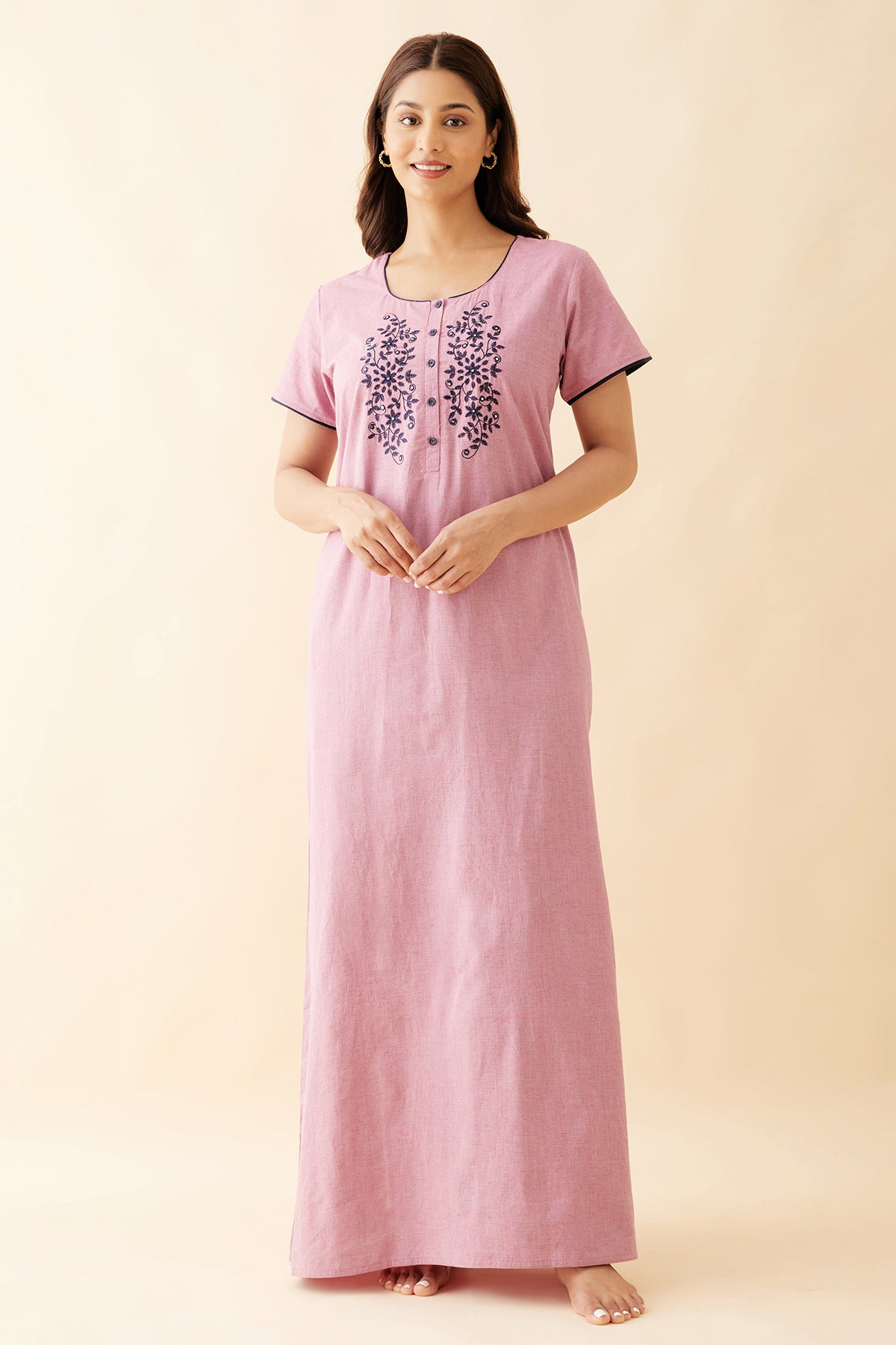 Floral Embroidery Yoke With Allover Gingham Checkered Nighty - Pink