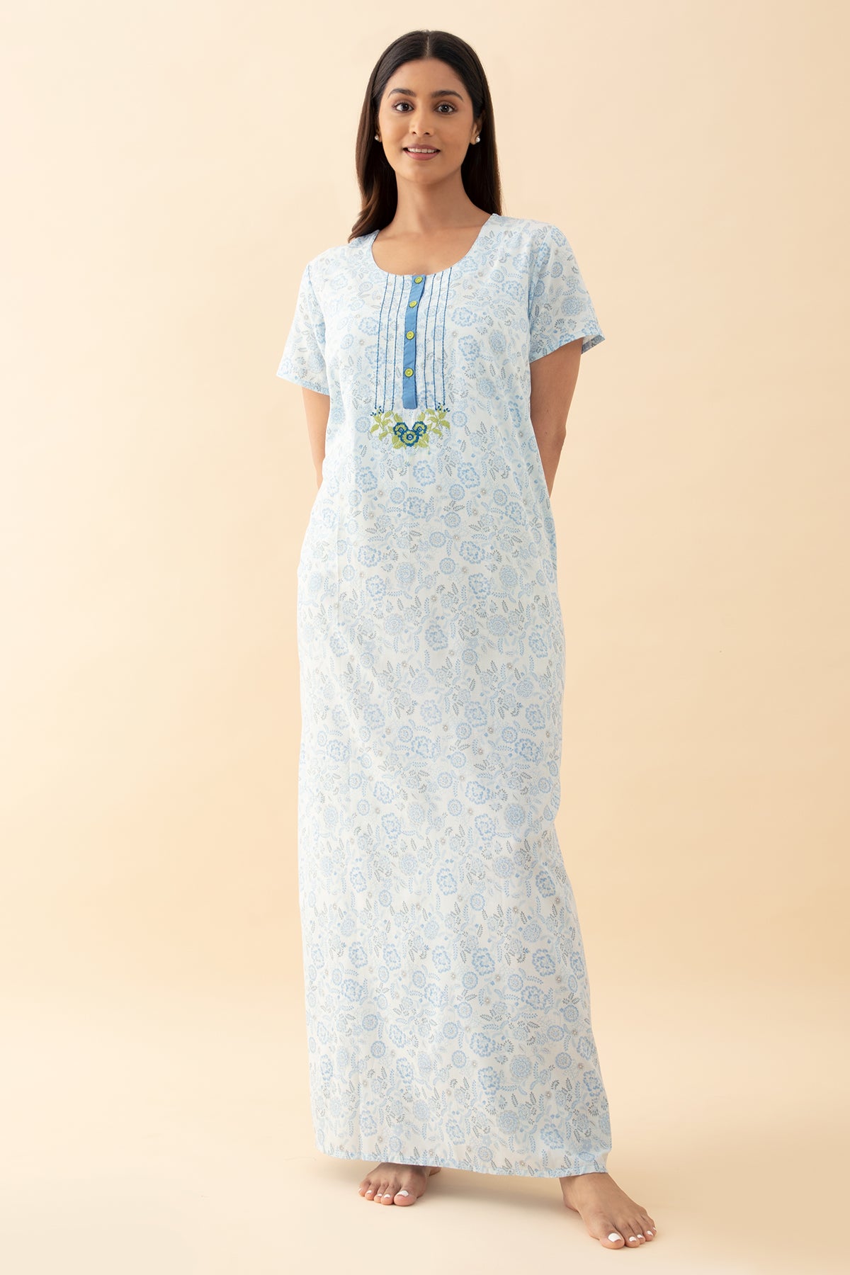 Ditsy Floral Printed Nighty - Blue