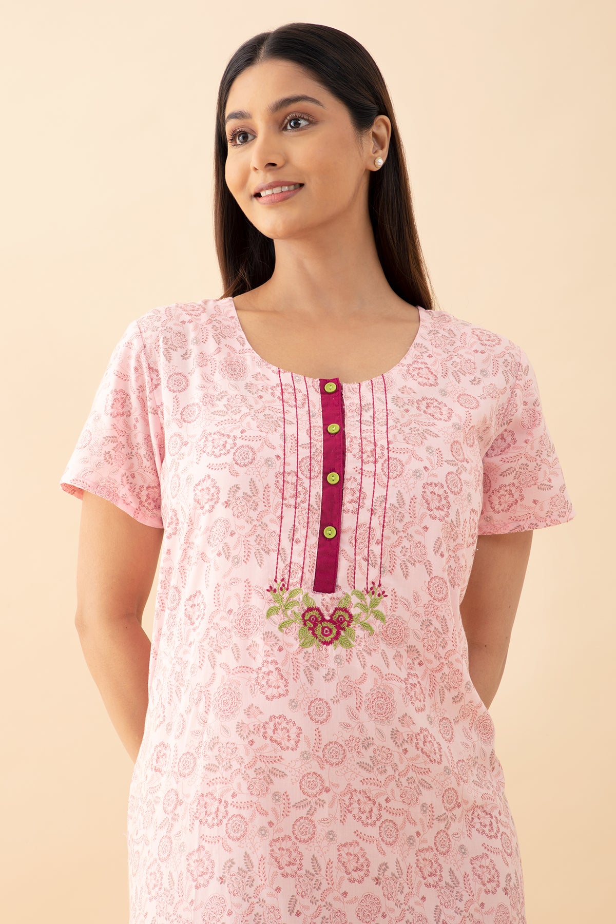 Ditsy Floral Printed Nighty - Pink