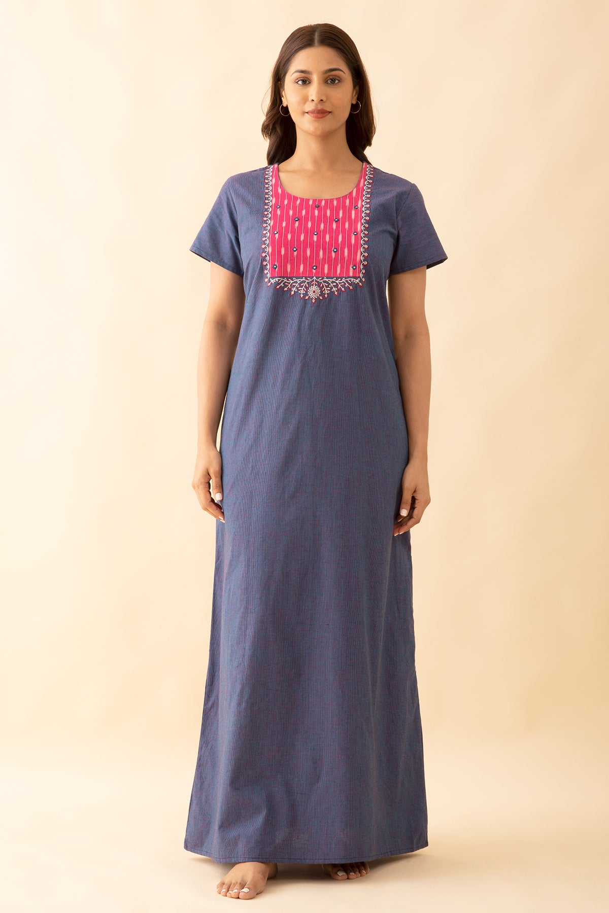 Allover Striped With Floral Embroidery & Foil Mirror Embellished Yoke Nighty - Blue