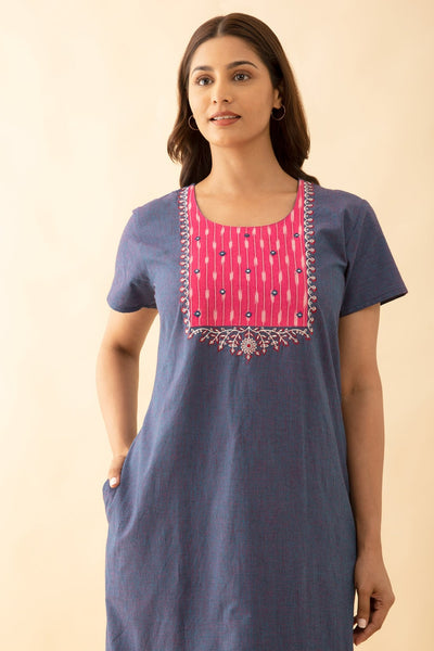 Allover Striped With Floral Embroidery & Foil Mirror Embellished Yoke Nighty - Blue