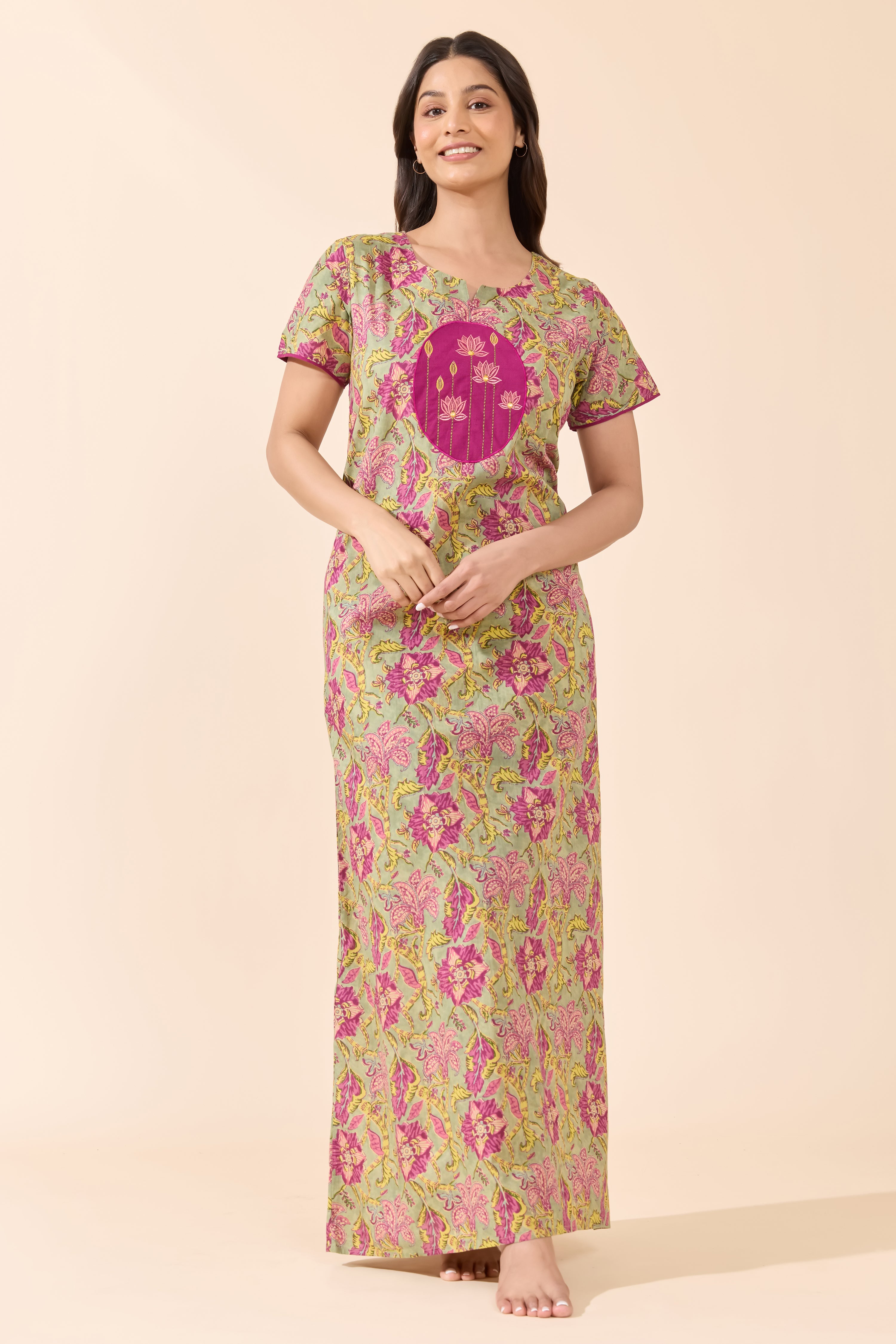 GREEN LOTUS EMBROIDERRY FLORAL COTTON NIGHTWEAR