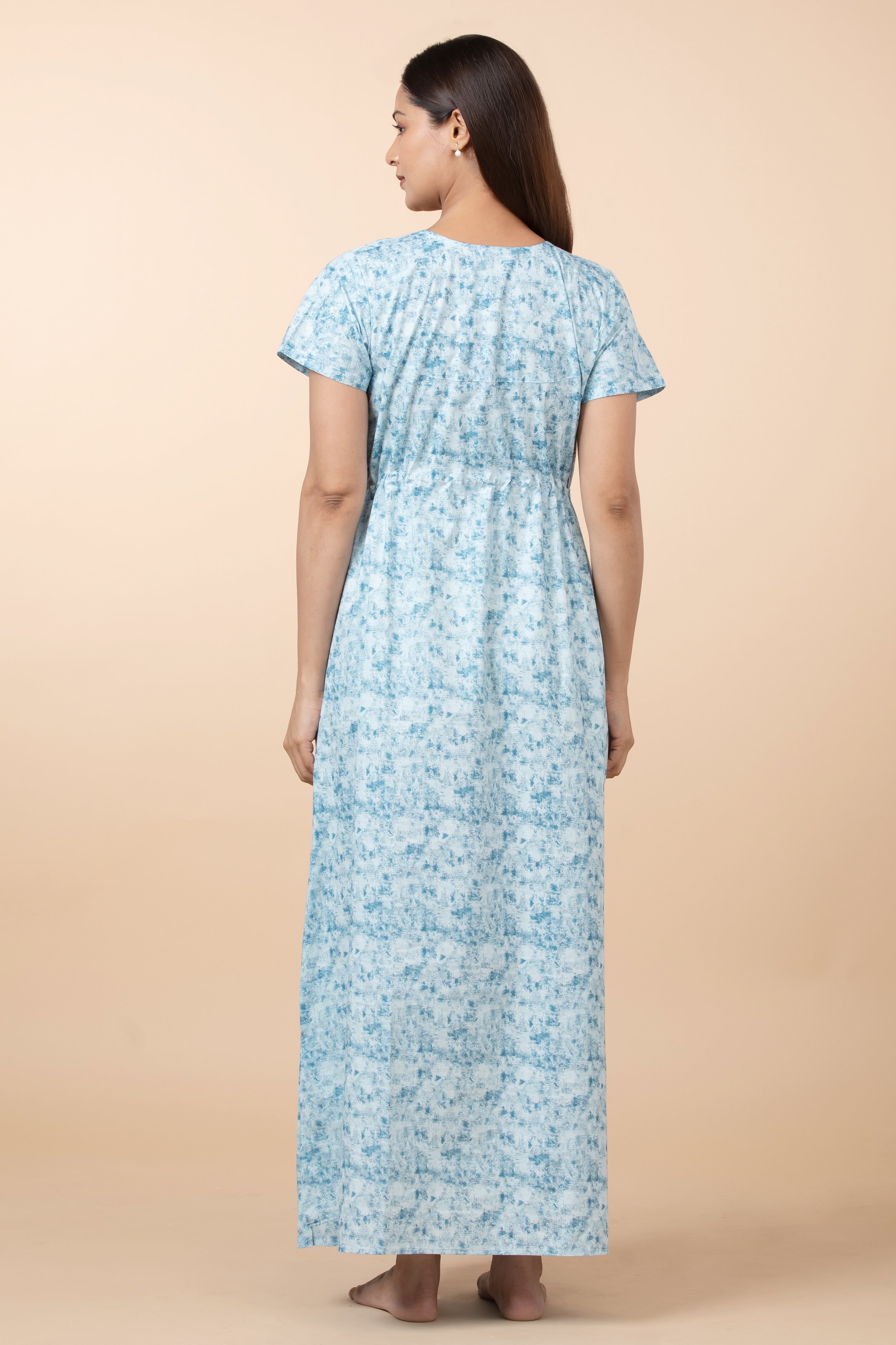 Abstract Printed Nighty with Waist Tie-up - Blue