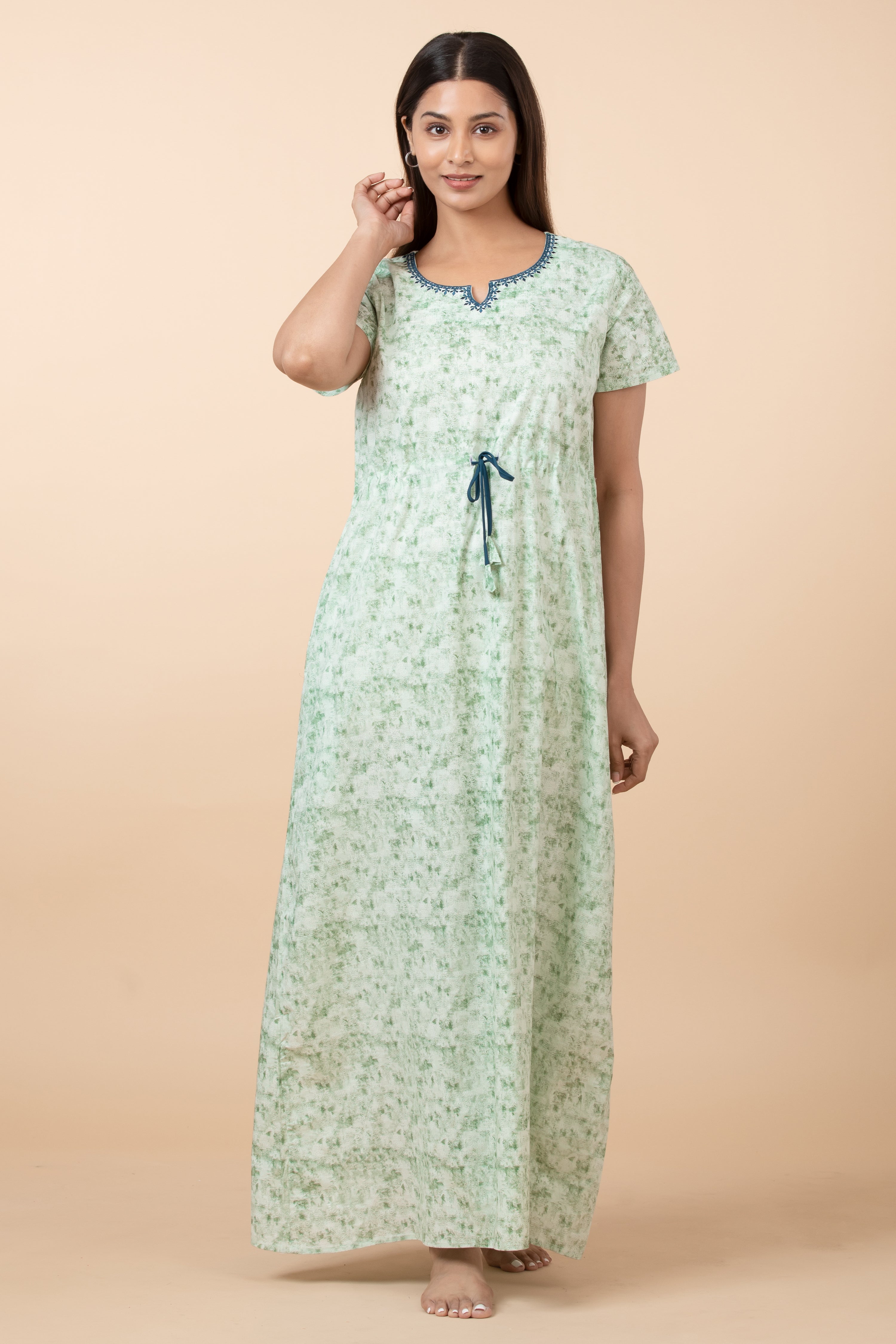 Abstract Printed Nighty with Waist Tie-up - Green