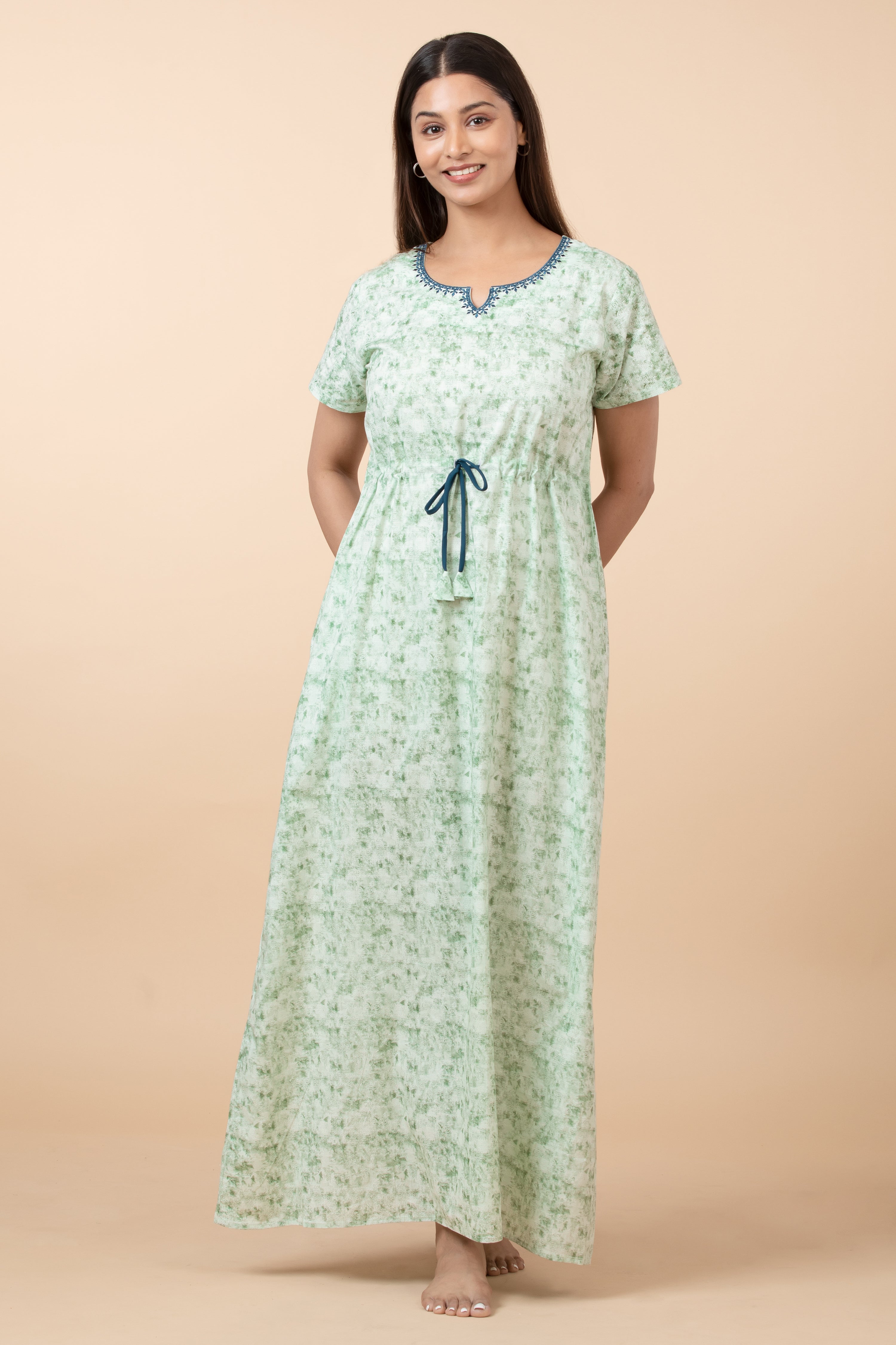 Abstract Printed Nighty with Waist Tie-up - Green