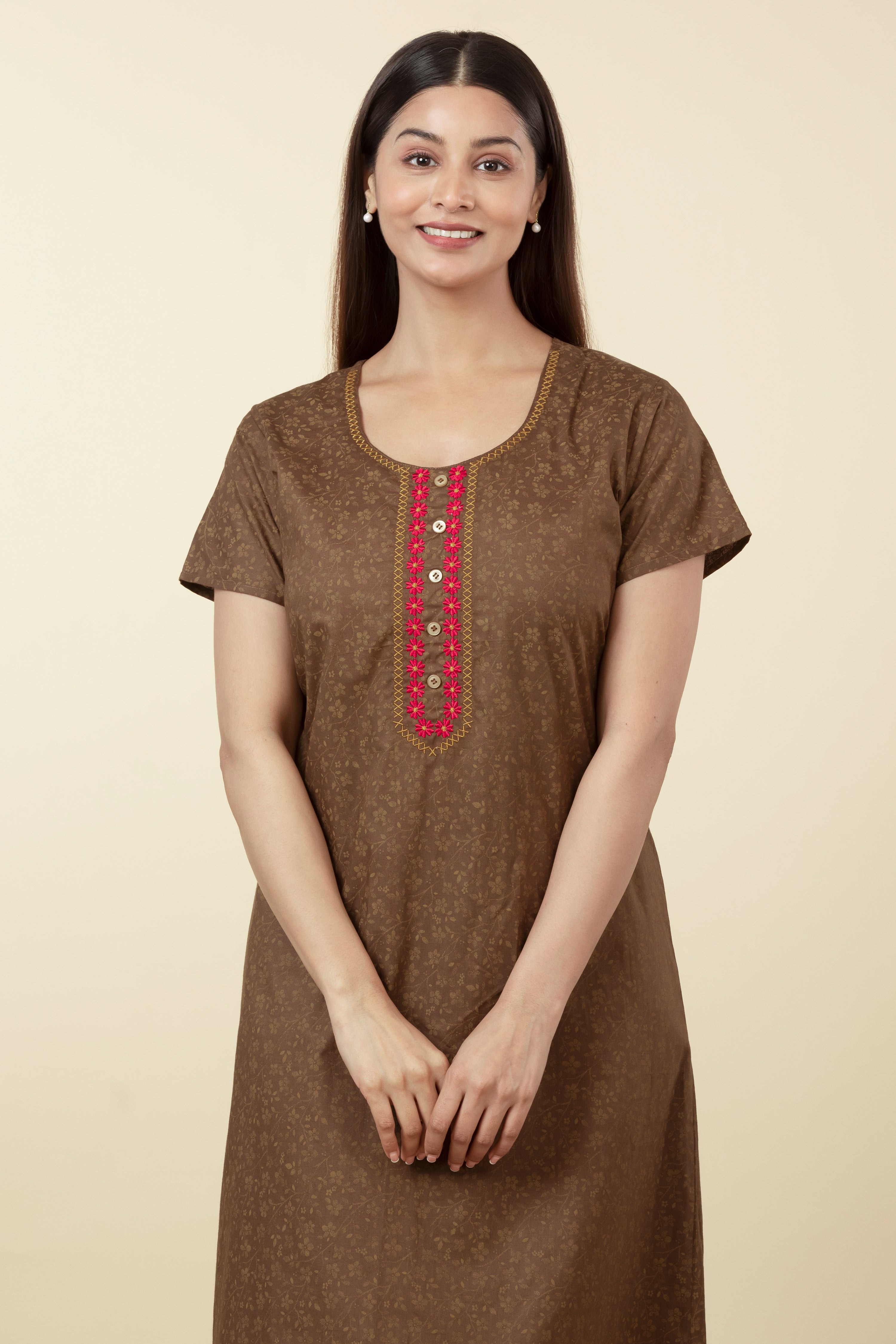 Floral Printed Nighty with Embroidered Neckline - Brown