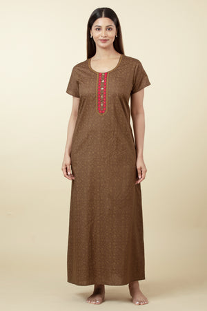 Floral Printed Nighty with Embroidered Neckline - Brown