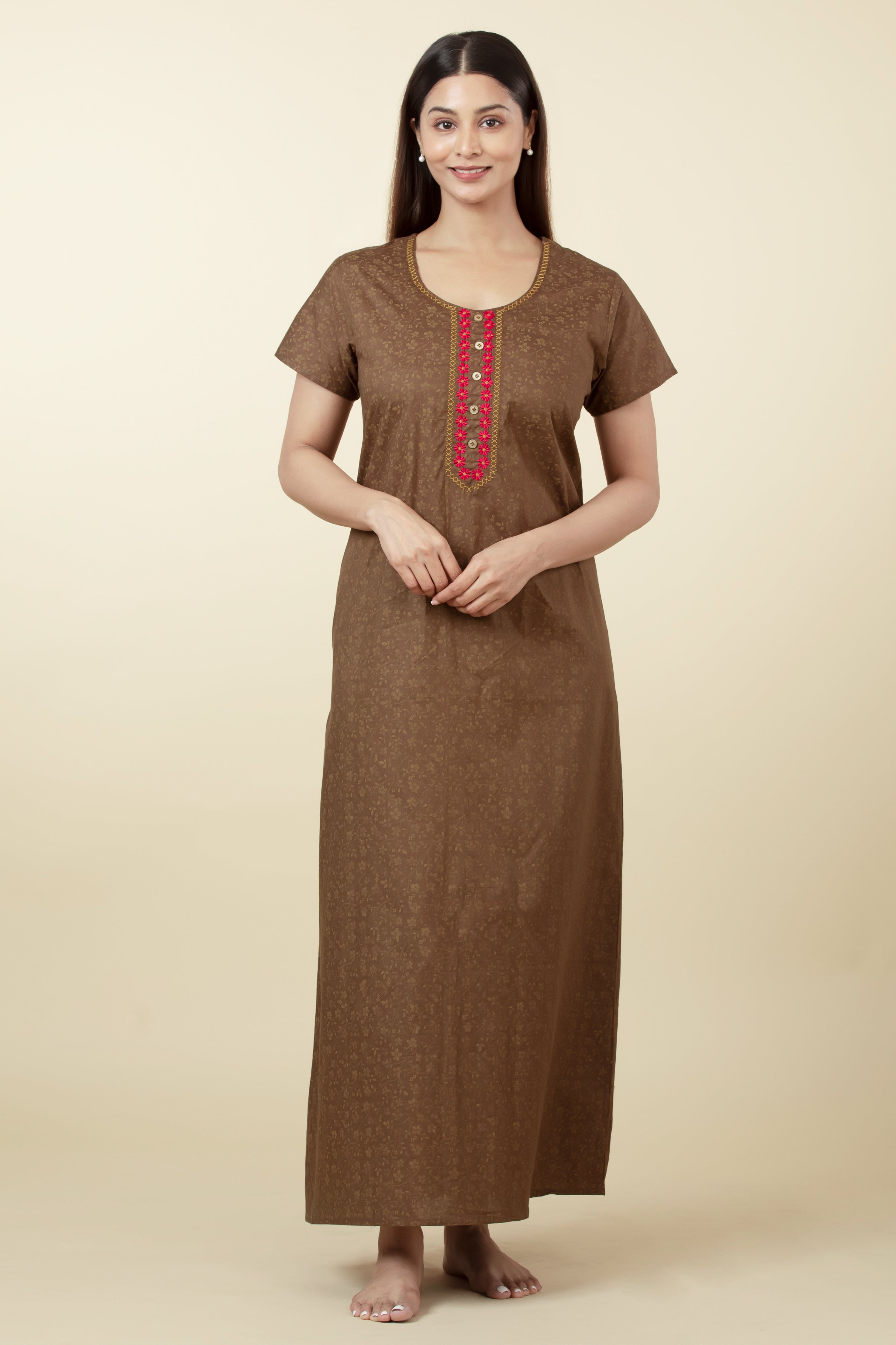 Floral Printed Nighty with Embroidered Neckline - Brown