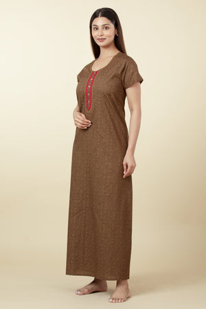 Floral Printed Nighty with Embroidered Neckline - Brown