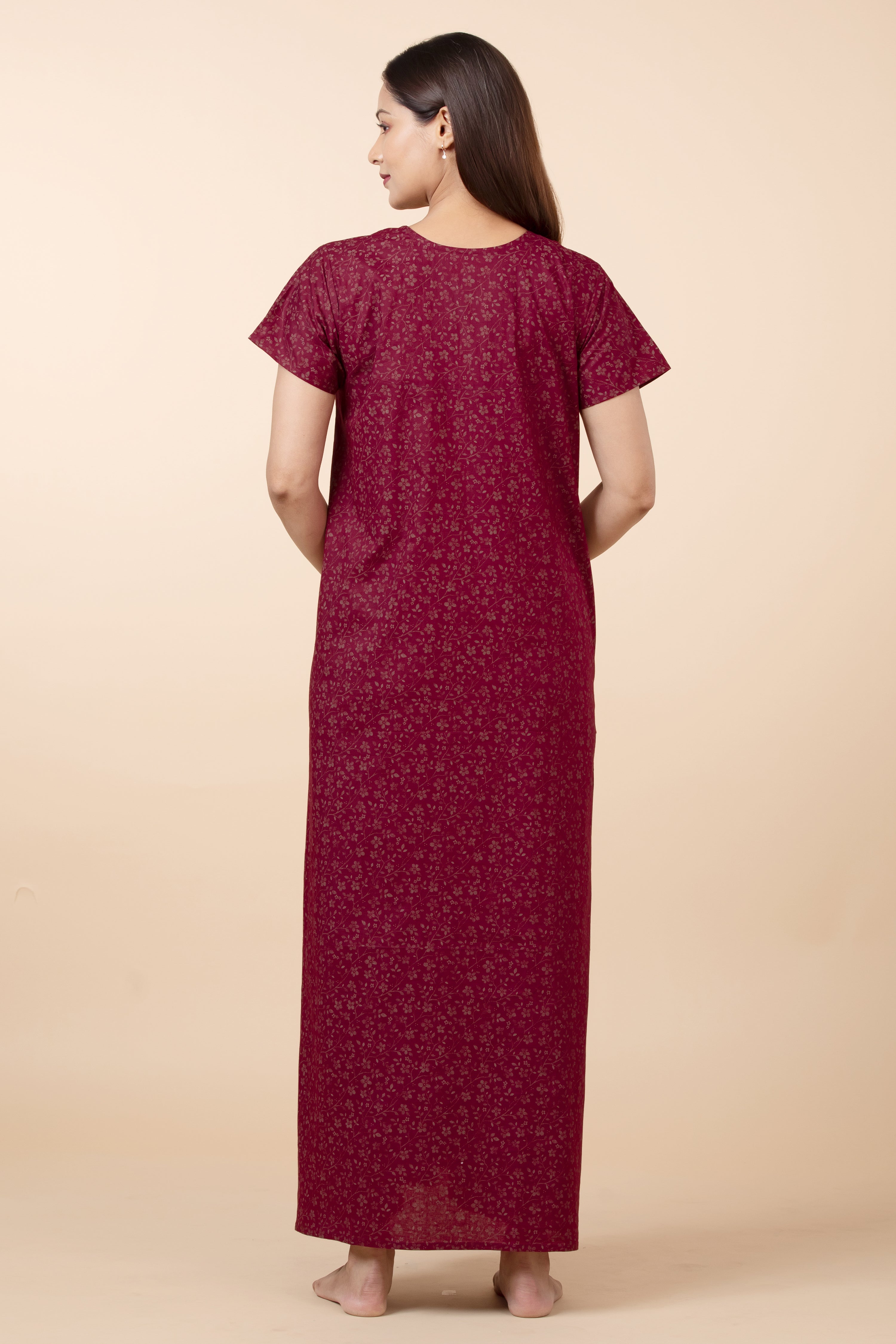 All Over Flroal Printed Nighty - Maroon