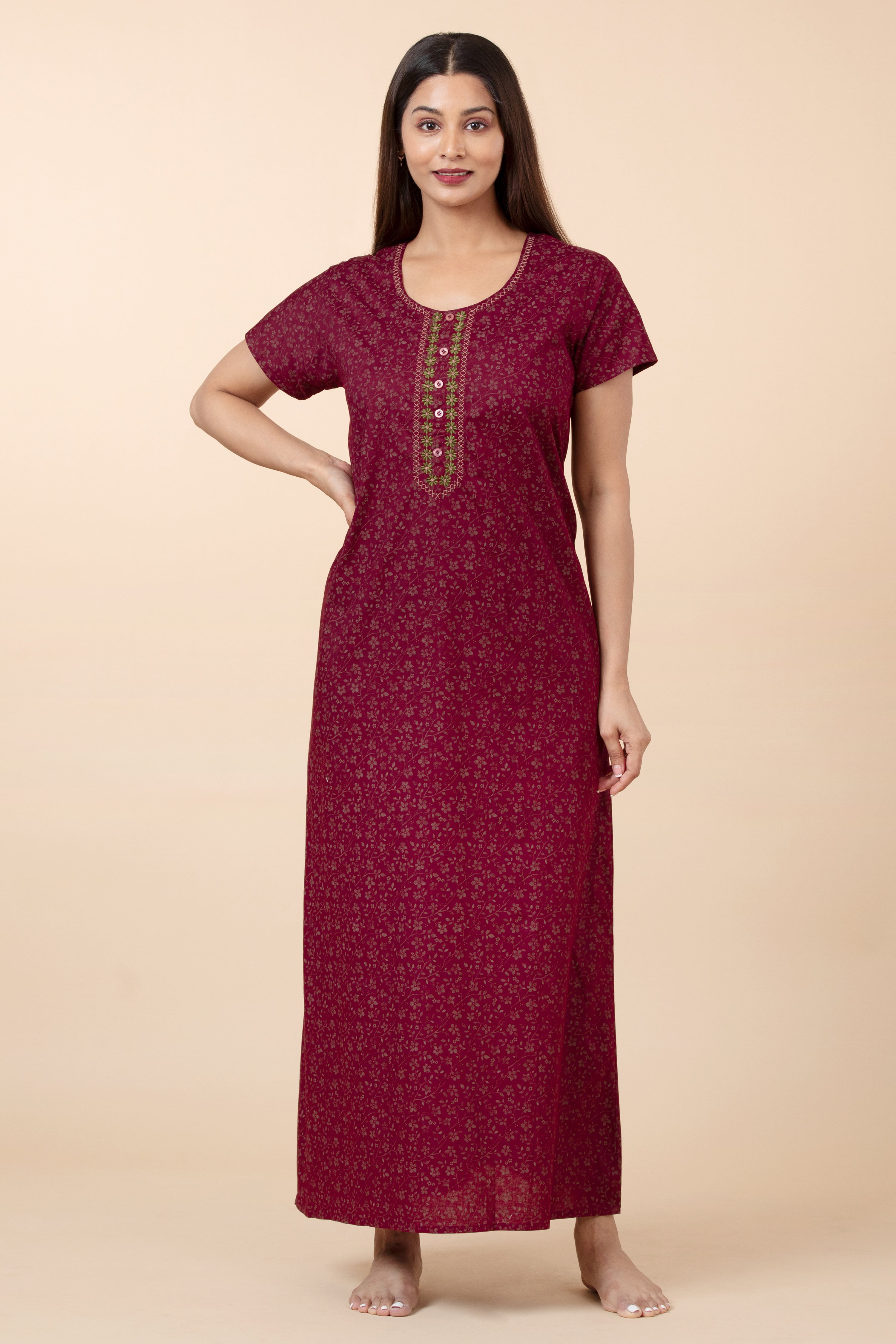 All Over Flroal Printed Nighty - Maroon