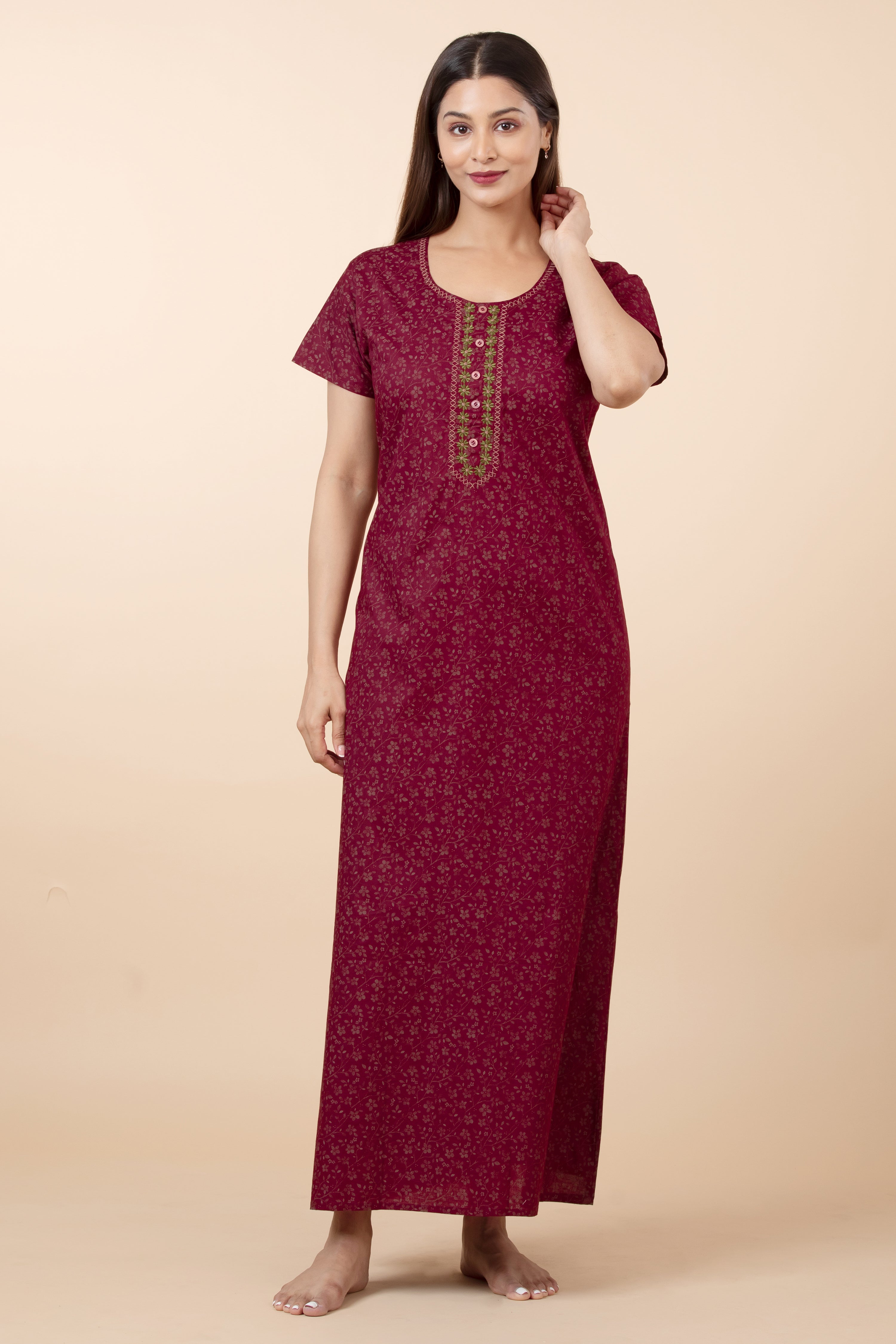 All Over Flroal Printed Nighty - Maroon