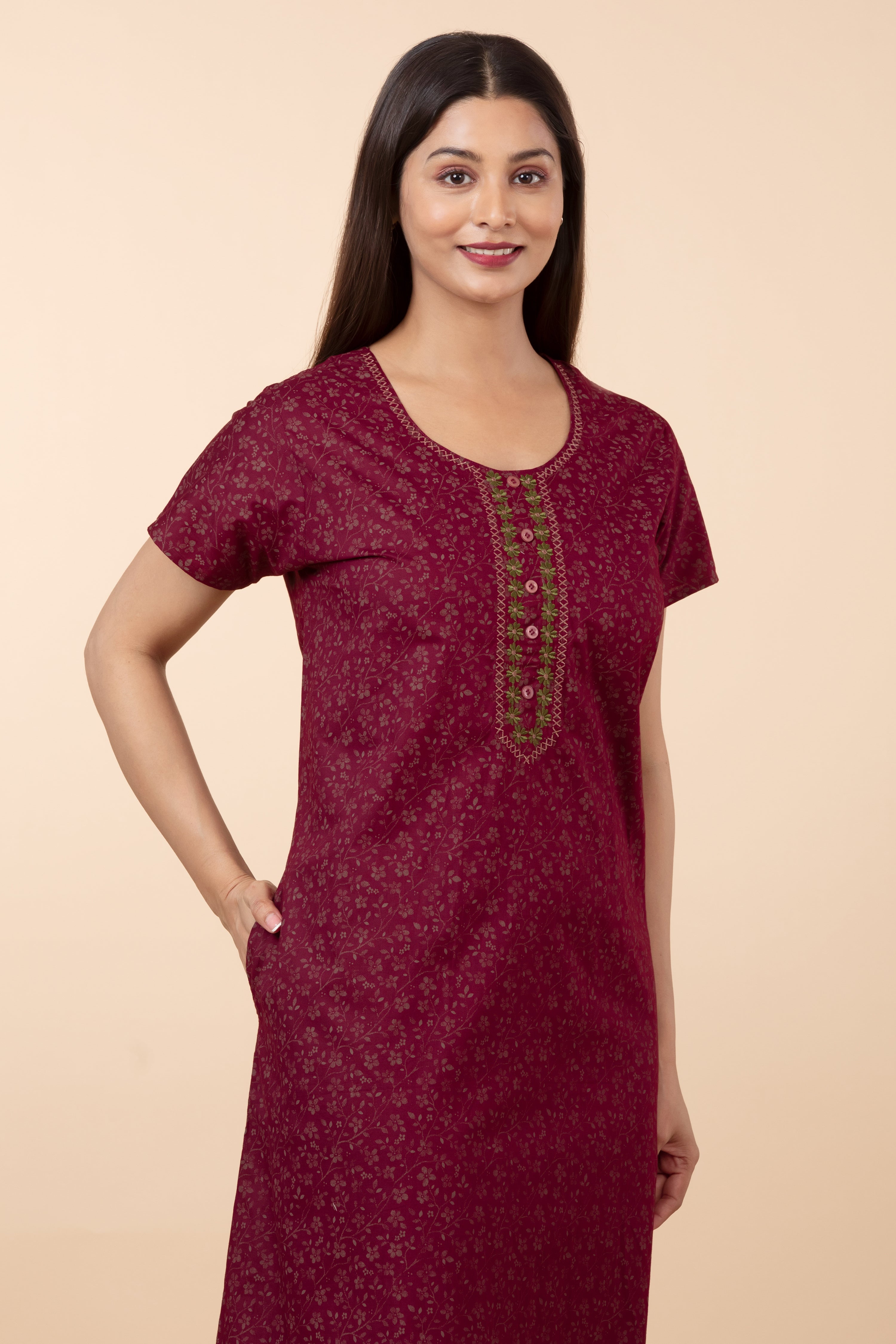 All Over Flroal Printed Nighty - Maroon