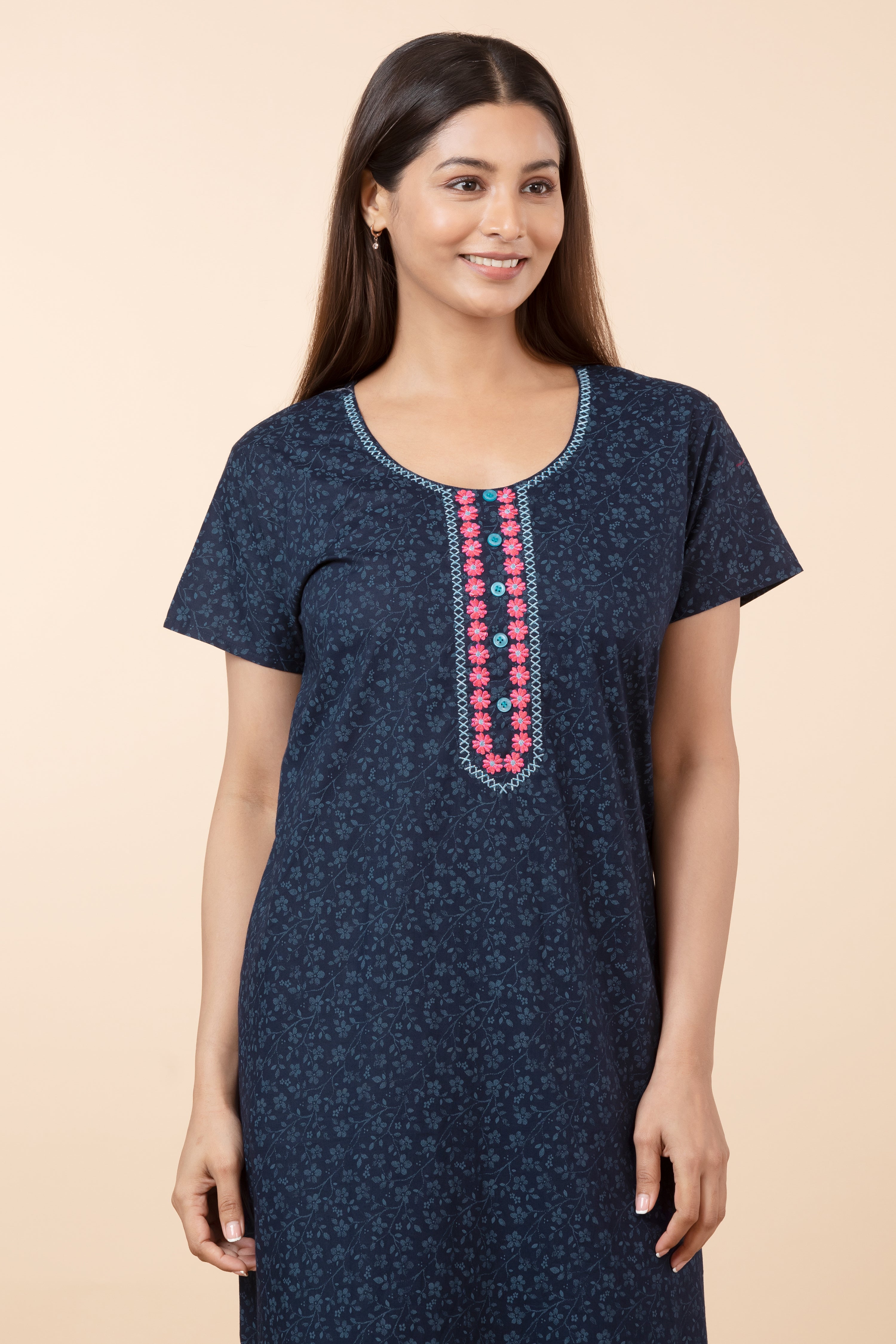 Floral Printed Nighty with Embroidered Neckline - Navy Blue