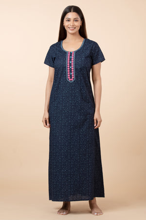 Floral Printed Nighty with Embroidered Neckline - Navy Blue