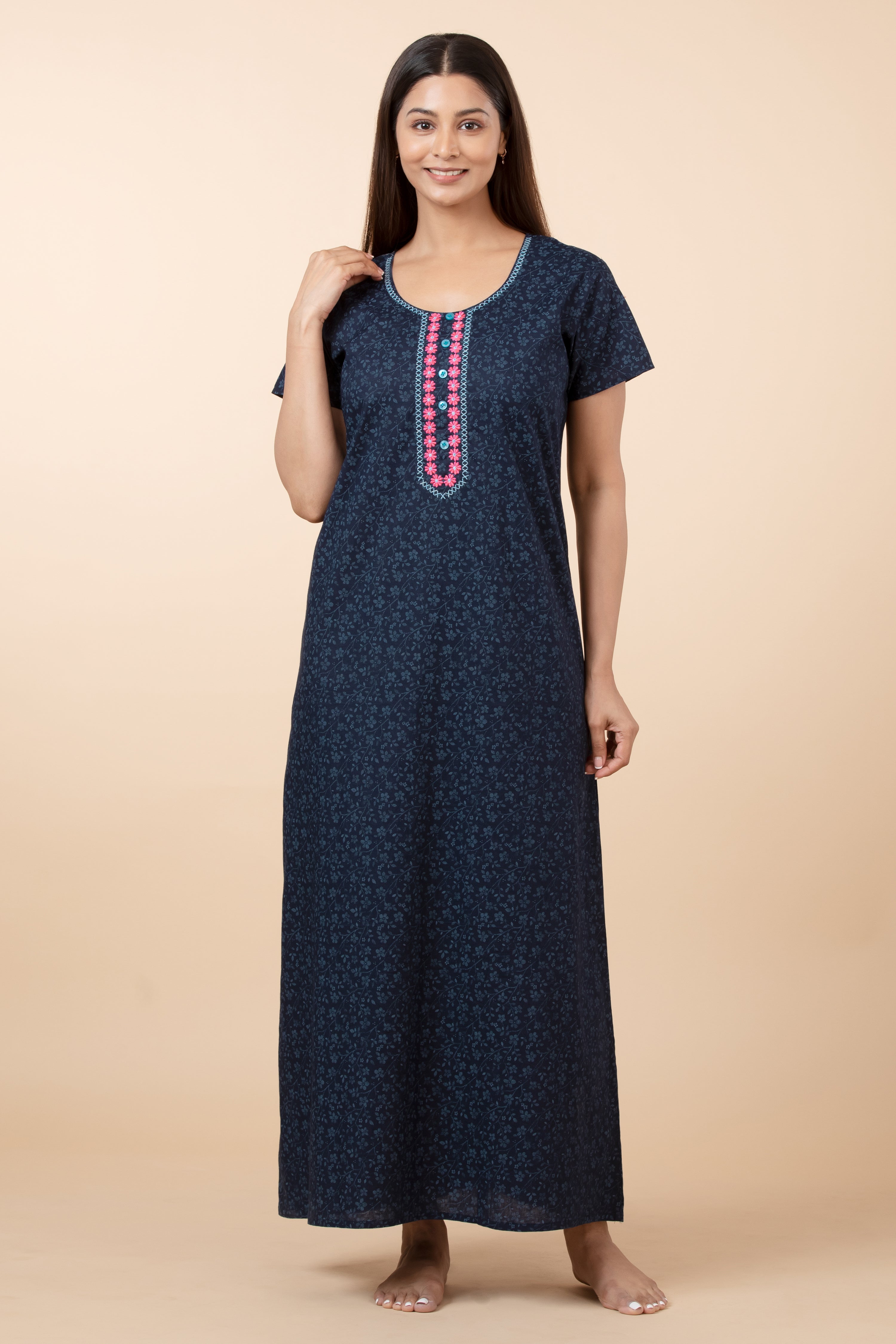 Floral Printed Nighty with Embroidered Neckline - Navy Blue