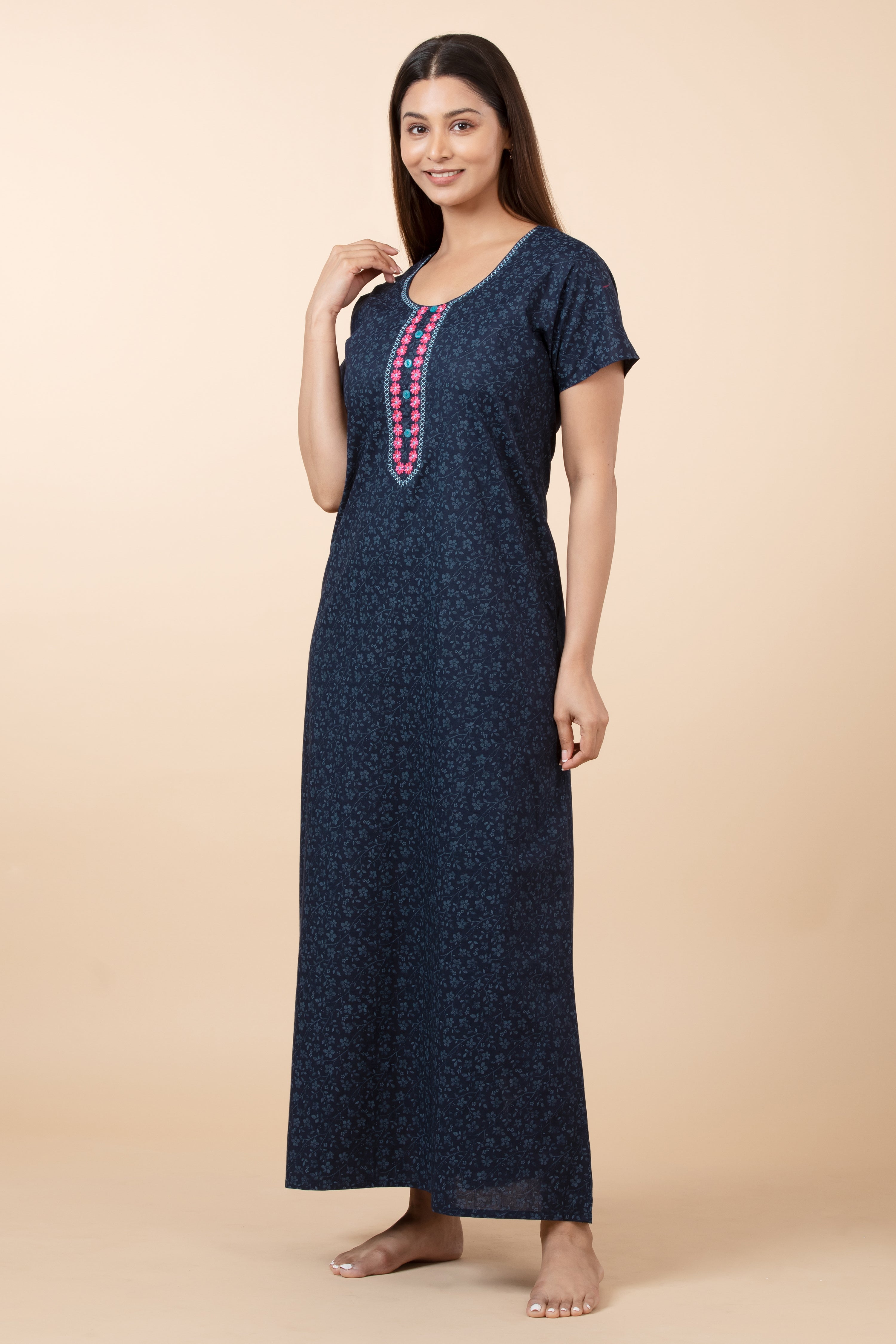 Floral Printed Nighty with Embroidered Neckline - Navy Blue