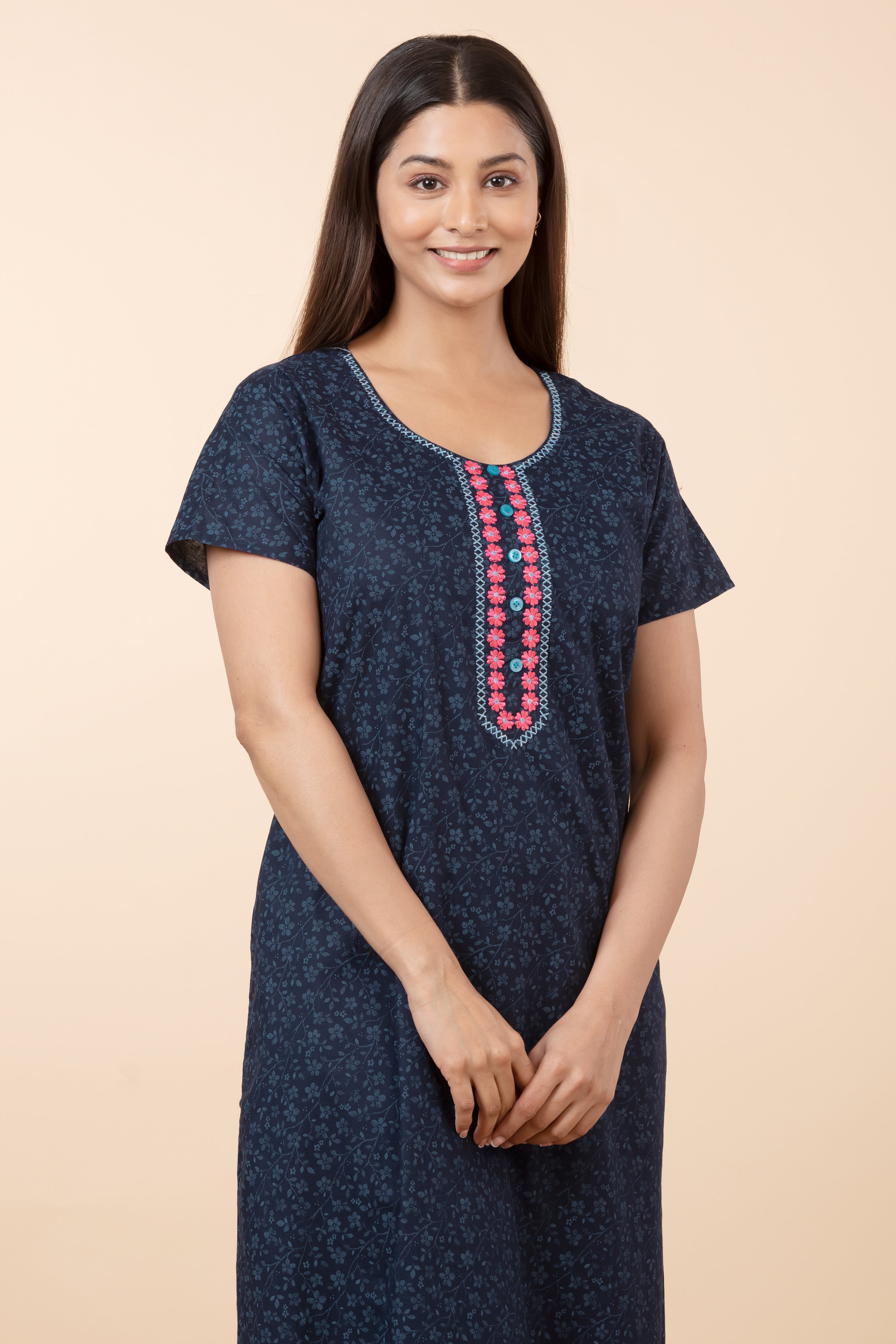 Floral Printed Nighty with Embroidered Neckline - Navy Blue