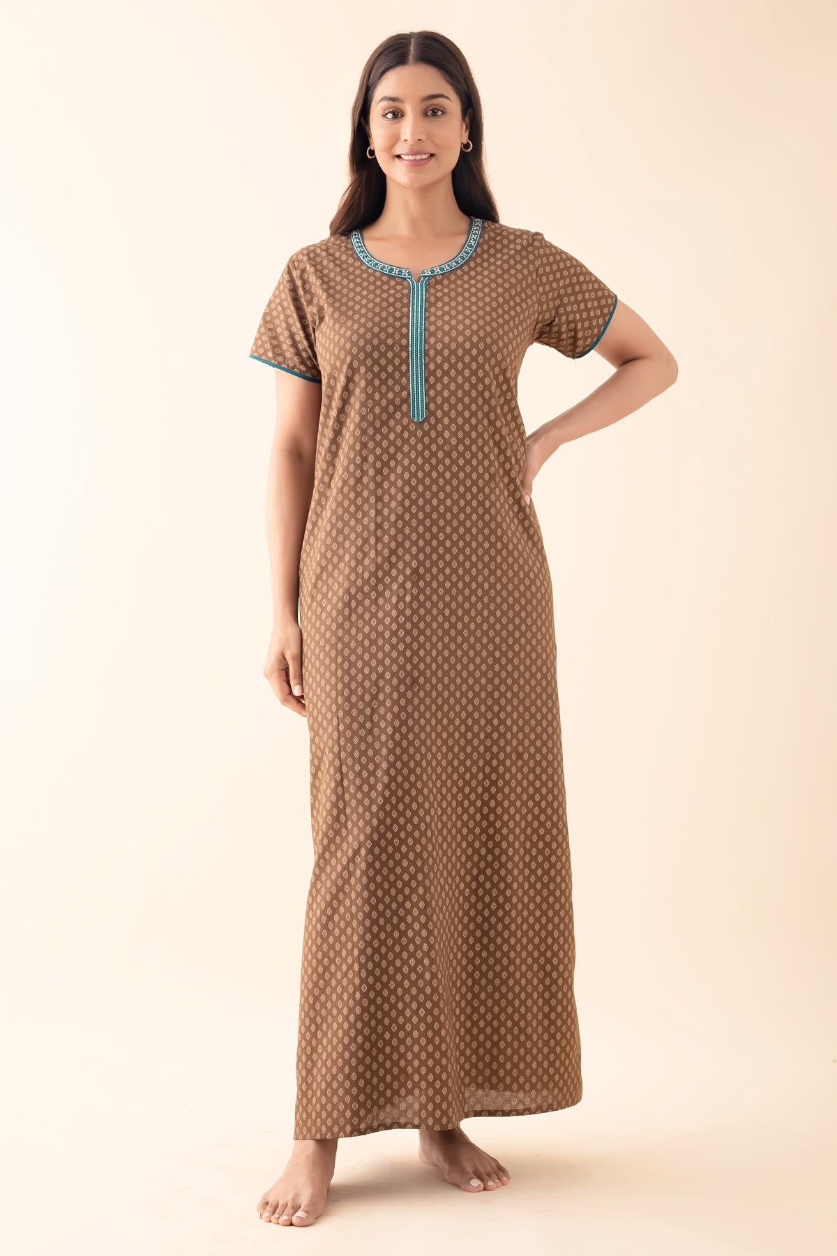 Ethnic Motif Printed Nighty - Brown