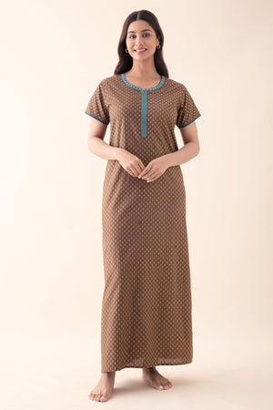 Ethnic Motif Printed Nighty - Brown