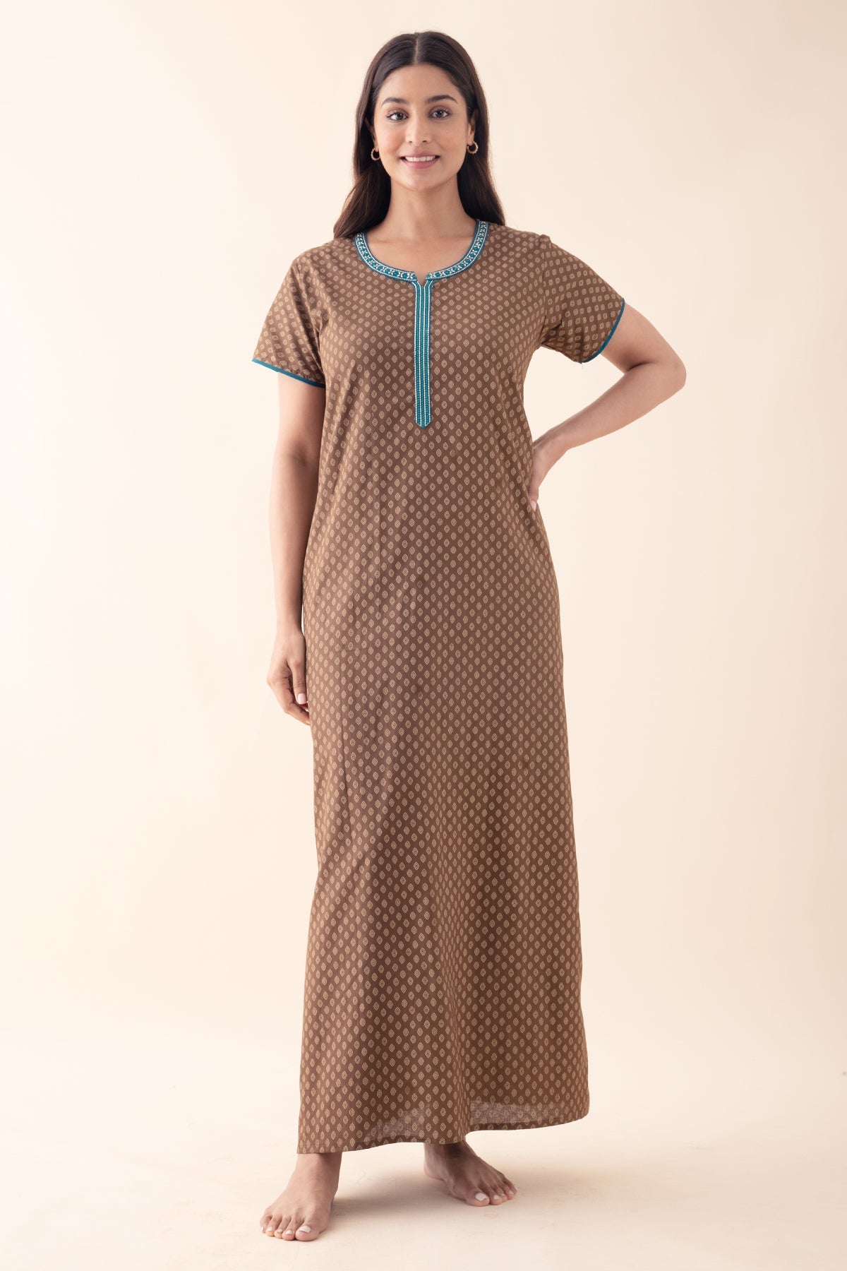 Ethnic Motif Printed Nighty - Brown