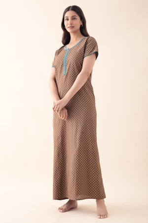 Ethnic Motif Printed Nighty - Brown