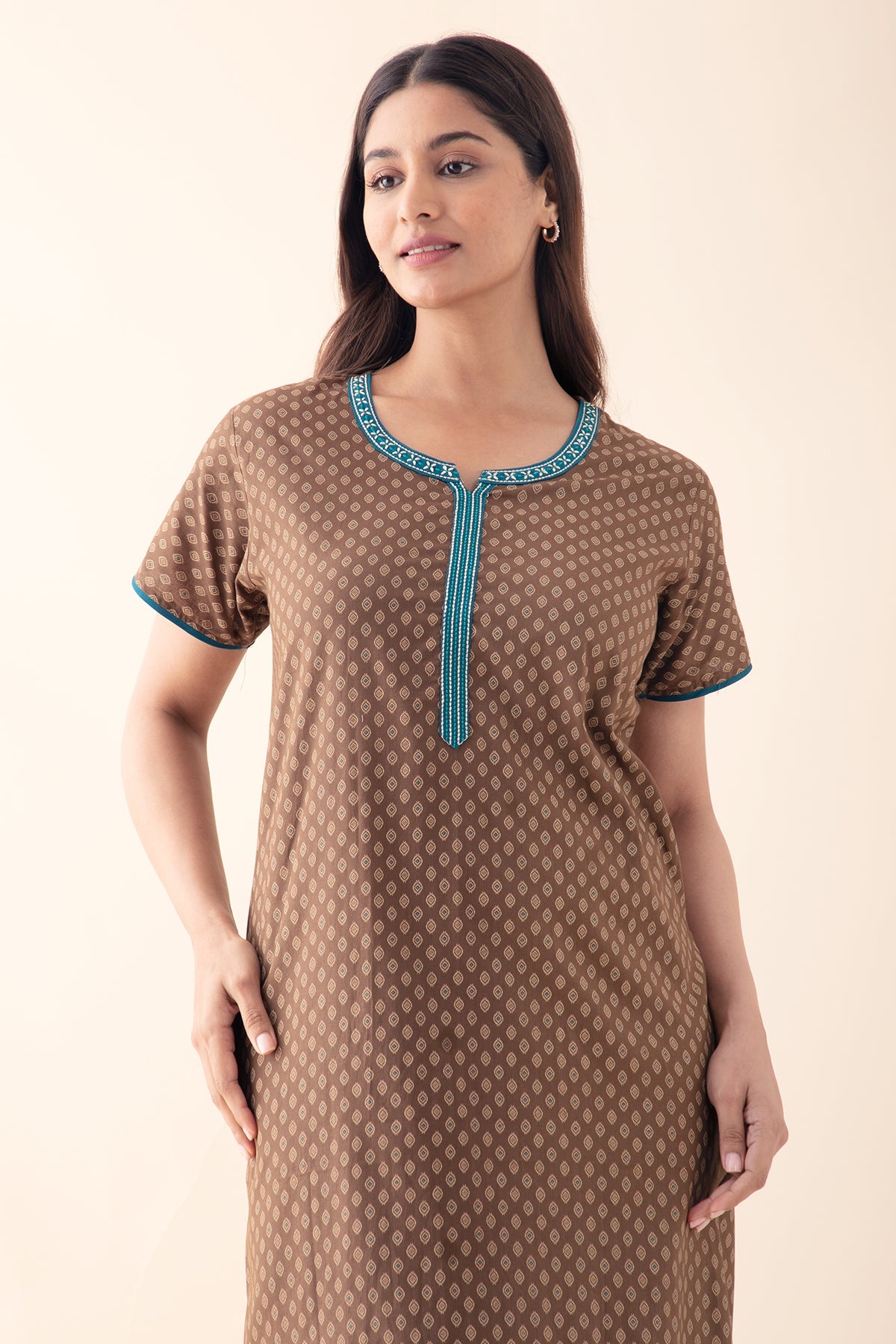 Ethnic Motif Printed Nighty - Brown