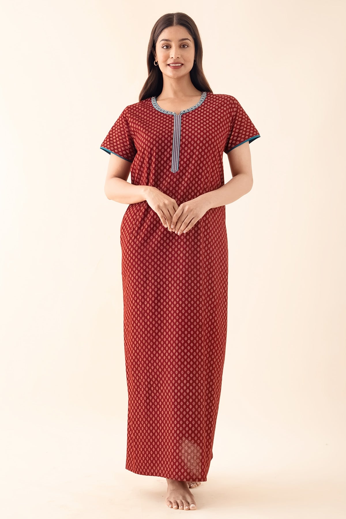 Ethnic Motif Printed Nighty - Maroon