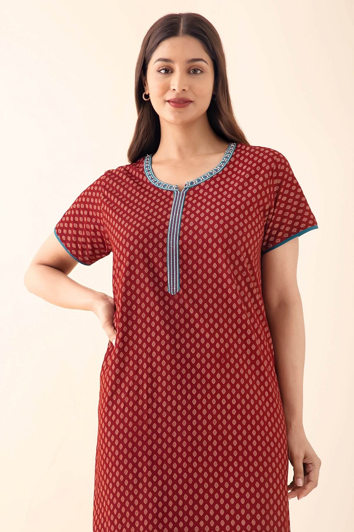 Ethnic Motif Printed Nighty - Maroon