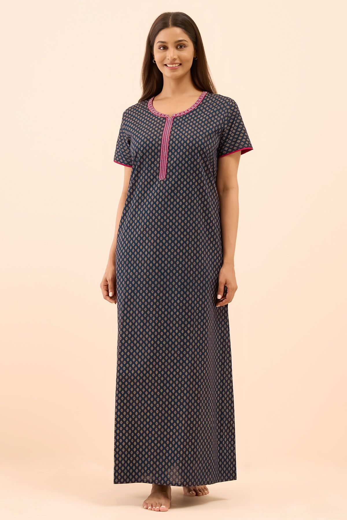 Ethnic Motif Printed Nighty - Navy