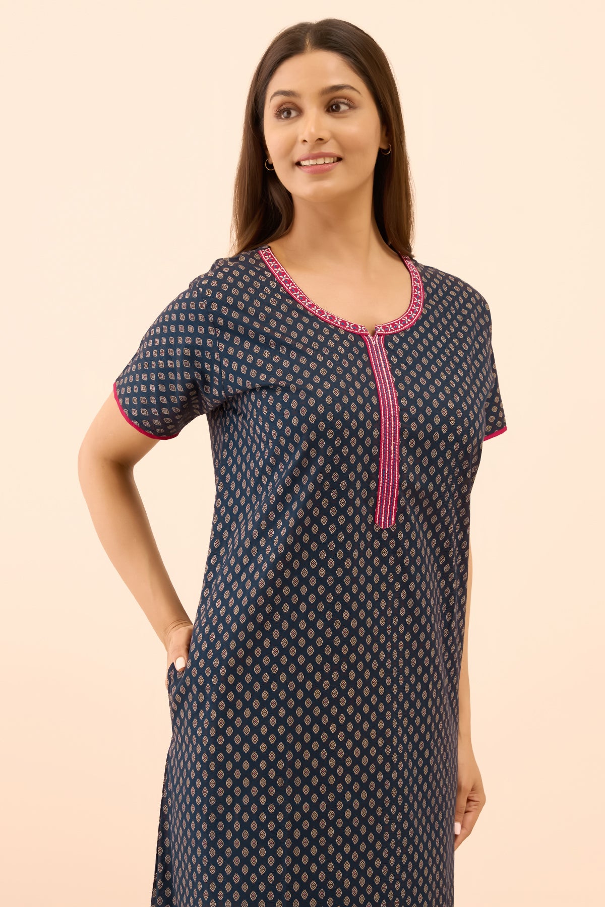 Ethnic Motif Printed Nighty - Navy