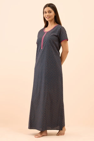 Ethnic Motif Printed Nighty - Navy