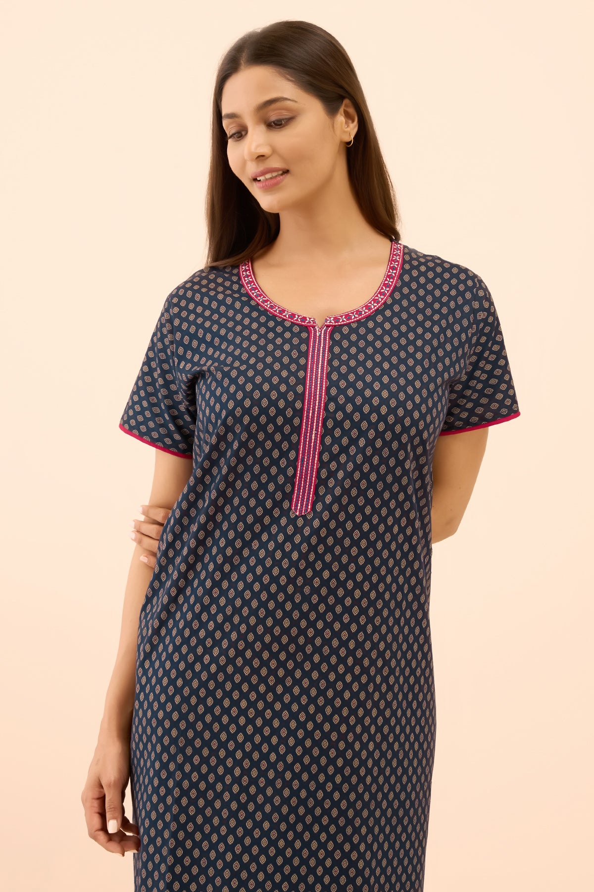 Ethnic Motif Printed Nighty - Navy