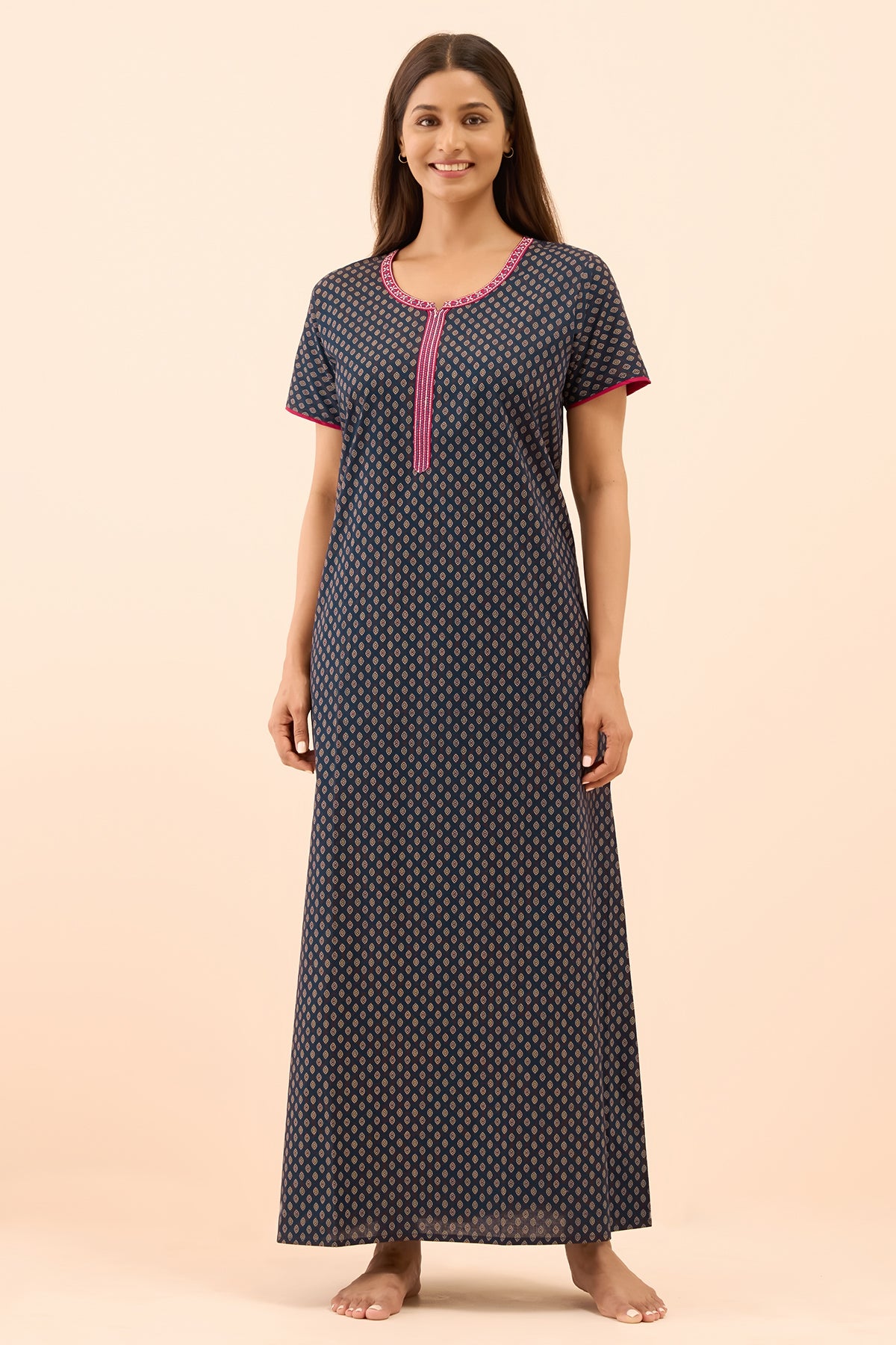 Ethnic Motif Printed Nighty - Navy