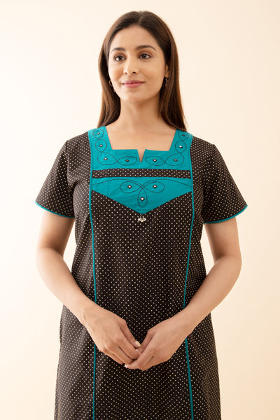 Polka Dots Printed Nighty with Contrast Yoke Patchwork - Blue