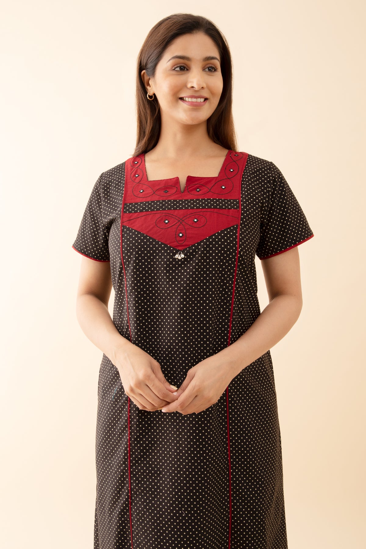Polka Dots Printed Nighty with Contrast Yoke Patchwork Maroon