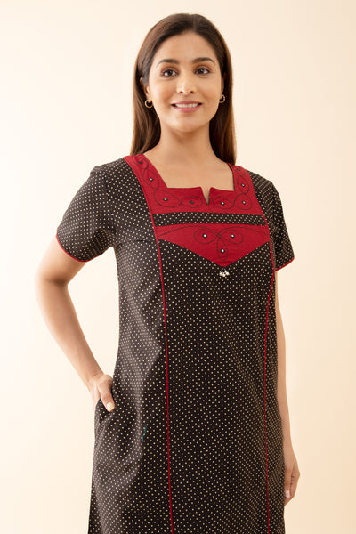 Polka Dots Printed Nighty with Contrast Yoke Patchwork Maroon
