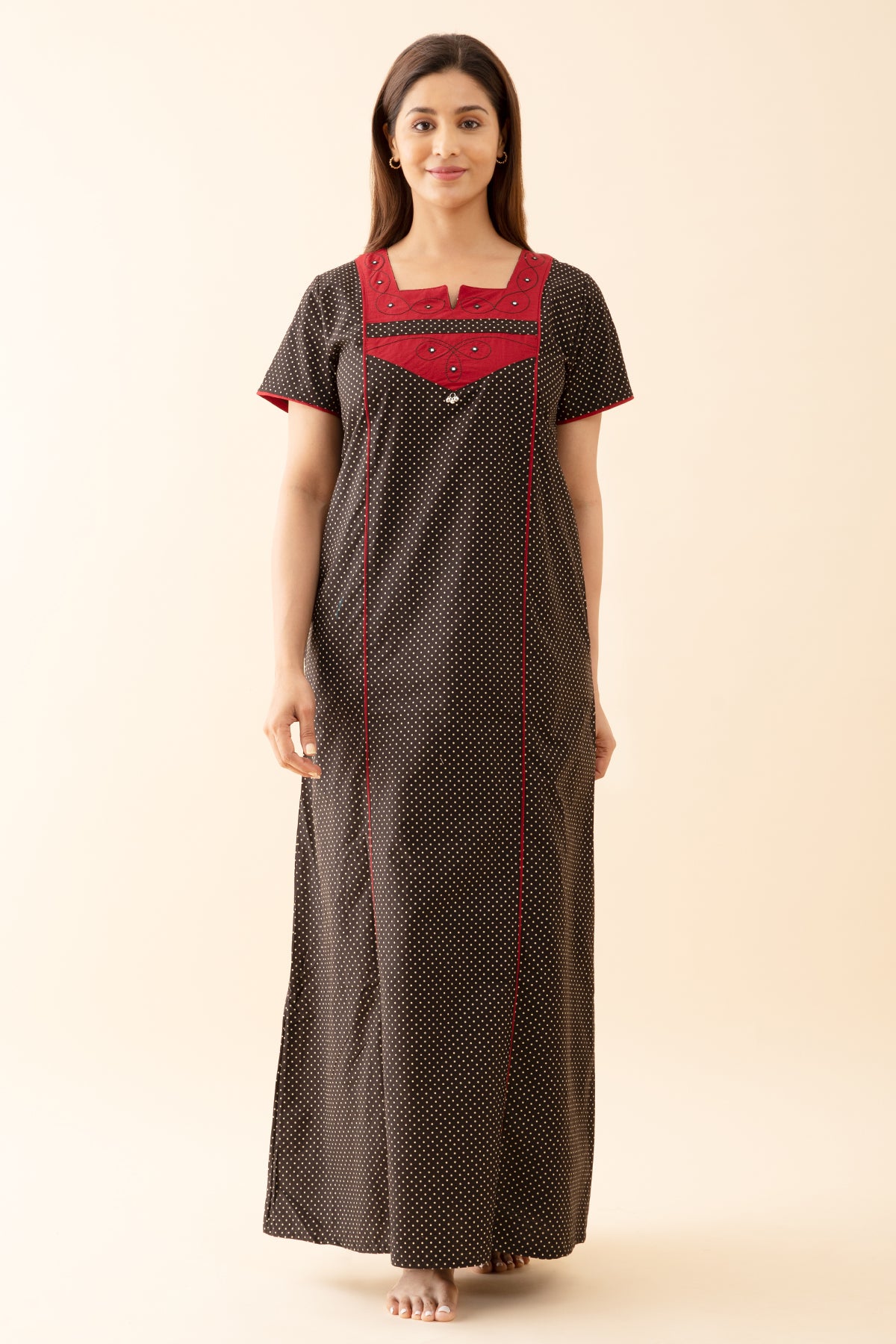 Polka Dots Printed Nighty with Contrast Yoke Patchwork Maroon
