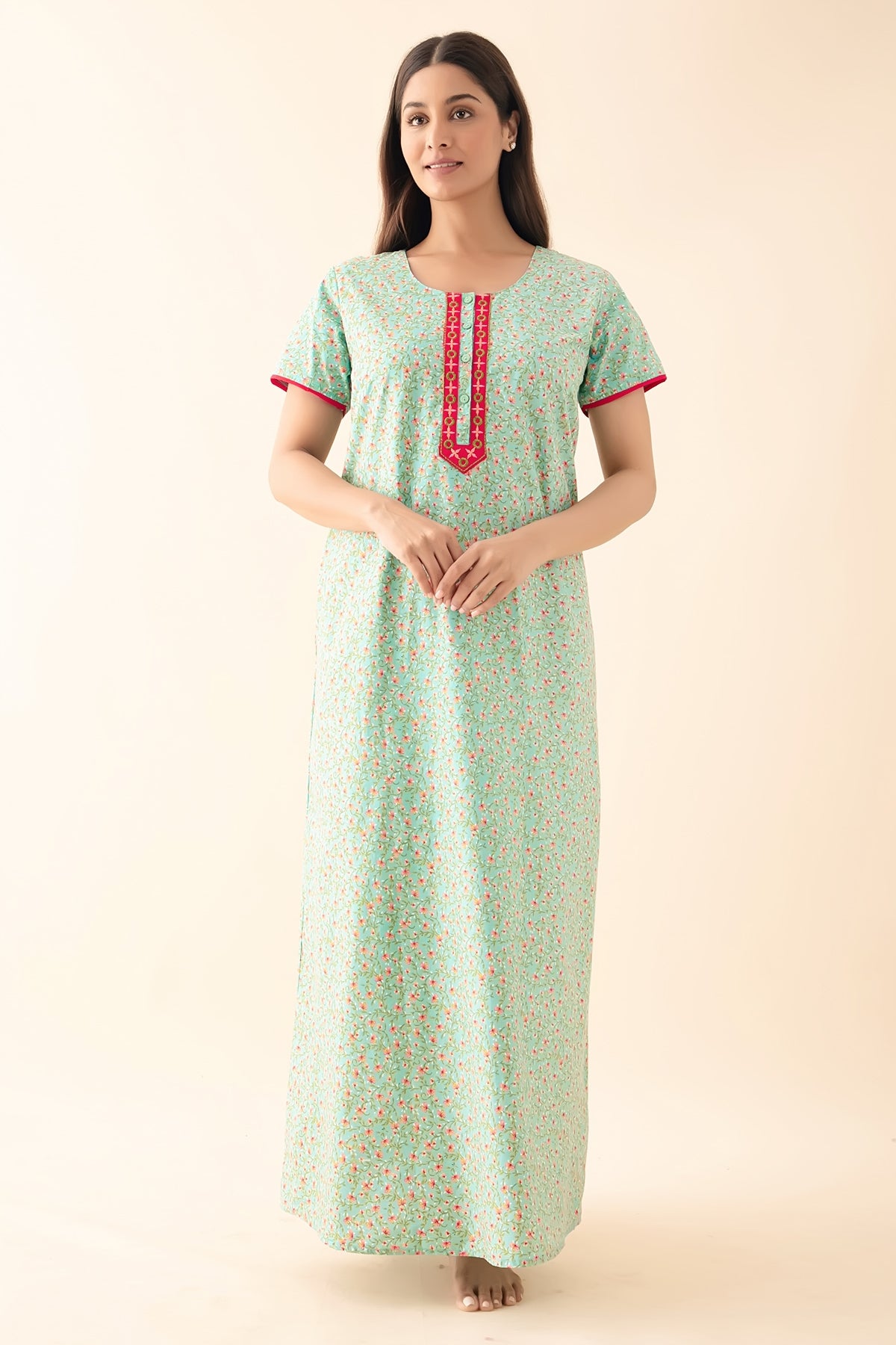 Ditsy Floral Printed & Embroidered Nighty - Aqua Blue