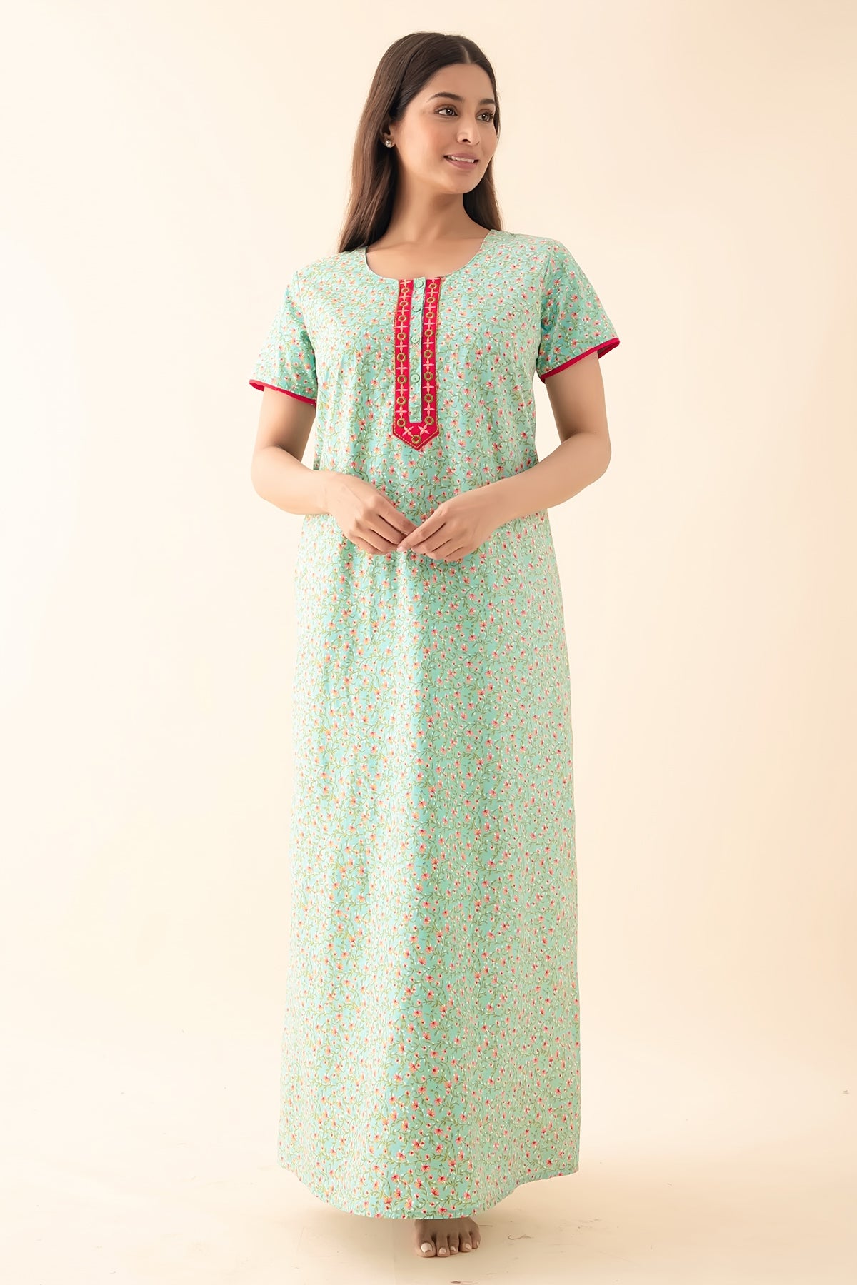 Ditsy Floral Printed & Embroidered Nighty - Aqua Blue