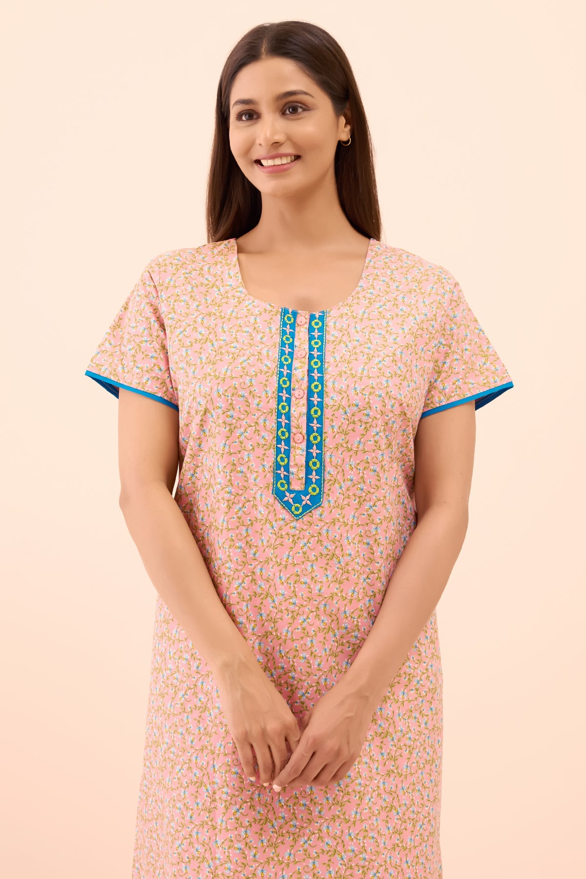 Ditsy Floral Printed & Embroidered Nighty - Peach