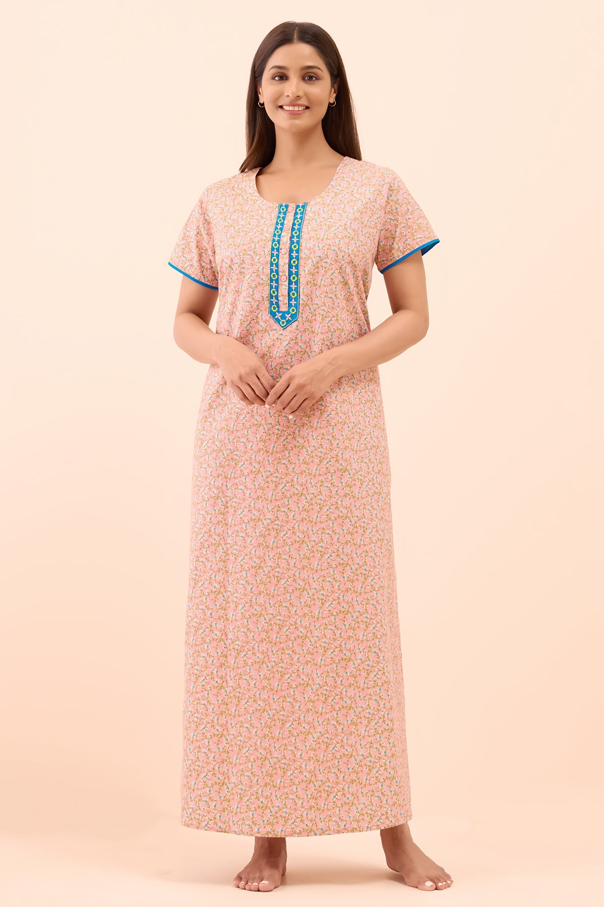 Ditsy Floral Printed & Embroidered Nighty - Peach