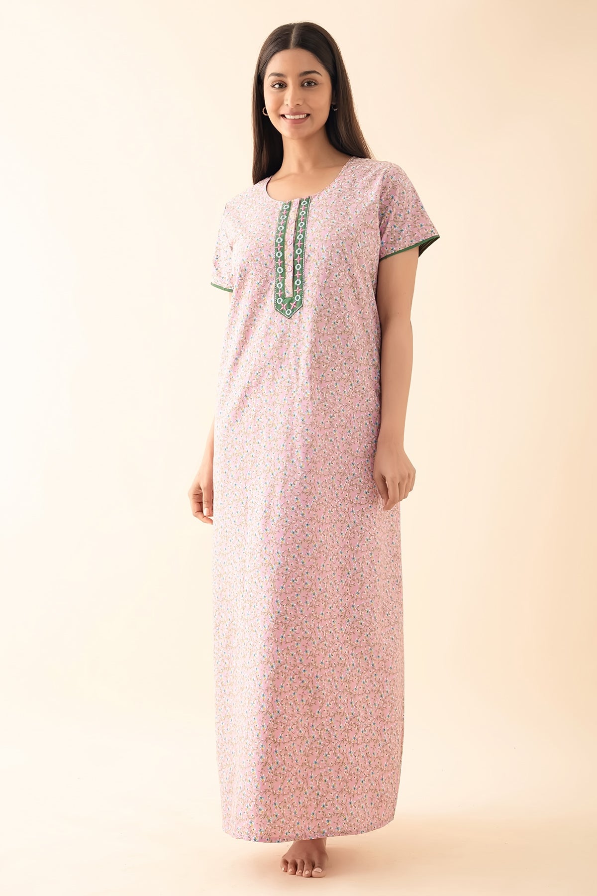 Ditsy Floral Printed & Embroidered Nighty - Pink