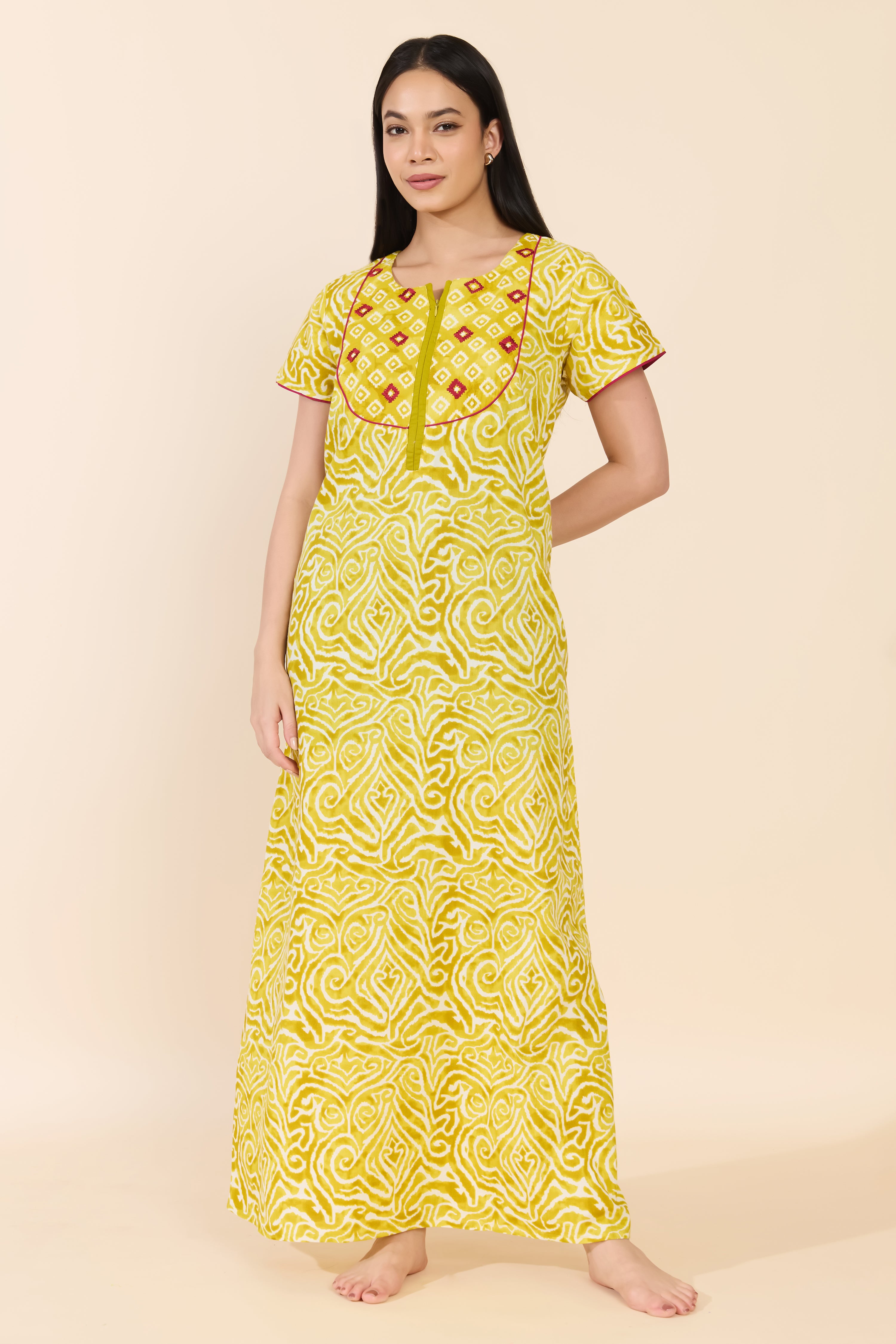 MUSTARD ABSTRACT PRINTED COTTON NIGHTWEAR