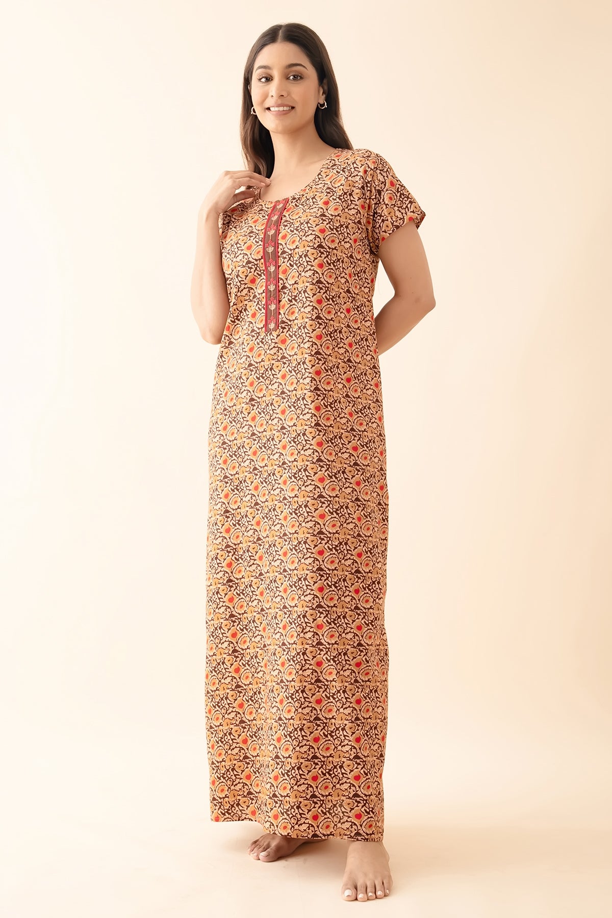 Floral Block Printed Cotton Nighty - Brown