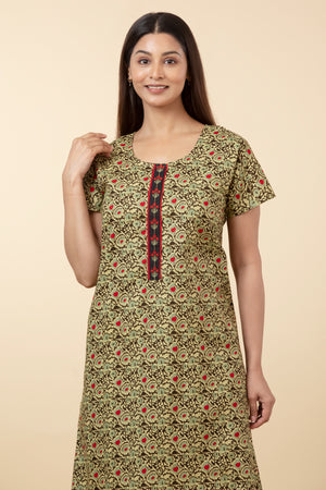 Floral Printed Cotton Nighty - Mustard