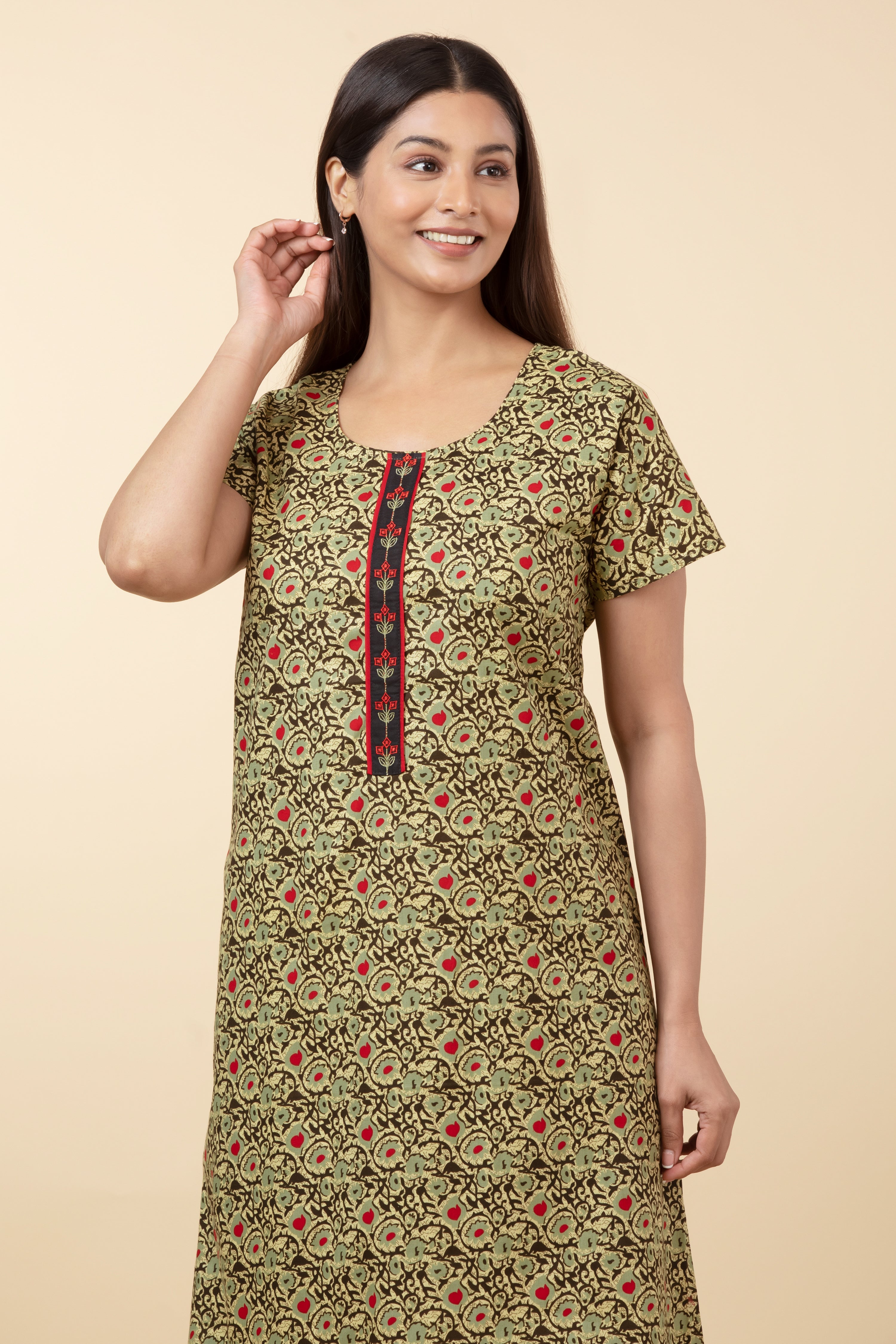 Floral Printed Cotton Nighty - Mustard