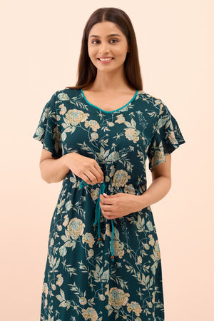 Abstract Floral Printed Nighty with Waist Tie-up - Blue